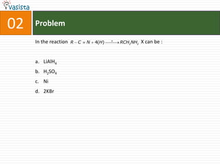 02   Problem
                                          x
     In the reaction   R   C   N   4(H)       RCH2NH2   X can be :


     a. LiAlH4
     b. H2SO4
     c. Ni
     d. 2KBr
 