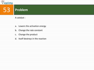 53   Problem

     A catalyst :


     a. Lowers the activation energy
     b. Change the rate constant
     c. Change the product
     d. Itself destroys in the reaction
 