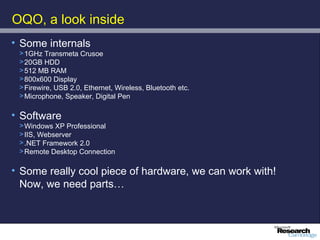 OQO, a look inside
• Some internals
 > 1GHz Transmeta Crusoe
 > 20GB HDD
 > 512 MB RAM
 > 800x600 Display
 > Firewire, USB 2.0, Ethernet, Wireless, Bluetooth etc.
 > Microphone, Speaker, Digital Pen

• Software
 > Windows XP Professional
 > IIS, Webserver
 > .NET Framework 2.0
 > Remote Desktop Connection

• Some really cool piece of hardware, we can work with!
  Now, we need parts…
 