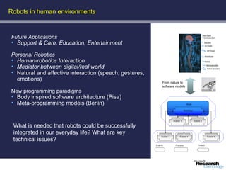 Robots in human environments


Future Applications
• Support & Care, Education, Entertainment

Personal Robotics
• Human-robotics Interaction
• Mediator between digital/real world
• Natural and affective interaction (speech, gestures,
  emotions)
                                                         From nature to
                                                         software models
New programming paradigms
• Body inspired software architecture (Pisa)
• Meta-programming models (Berlin)



 What is needed that robots could be successfully
 integrated in our everyday life? What are key
 technical issues?
 