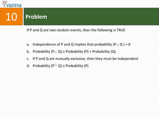 10   Problem

     If P and Q are two random events, then the following is TRUE


     a. Independence of P and Q implies that probability (P  Q ) = 0
     b. Probability (P  Q) ≥ Probability (P) + Probability (Q)
     c. If P and Q are mutually exclusive, then they must be independent
     d. Probability (P  Q) ≤ Probability (P)
 