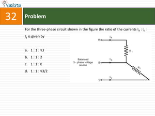 32   Problem

     For the three-phase circuit shown in the figure the ratio of the currents IR : ly :
     IB is given by


     a. 1 : 1 : √3
     b. 1 : 1 : 2
     c. 1 : 1 : 0
     d. 1 : 1 : √3/2
 