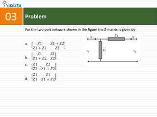 03   Problem

     For the two port network shown in the figure the Z-matrix is given by


     a.


     b.
     c.


     d.
 