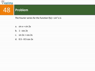 48   Problem

     The Fourier series for the function f(x) = sin2 x is


     a. sin x + sin 2x
     b. 1 - cos 2x
     c. sin 2x + cos 2x
     d. 0.5 - 0.5 cos 2x
 