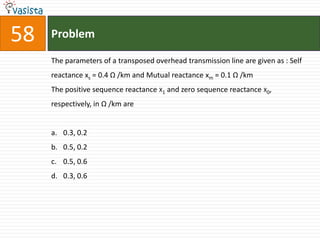 58   Problem

     The parameters of a transposed overhead transmission line are given as : Self
     reactance xs = 0.4 Ω /km and Mutual reactance xm = 0.1 Ω /km
     The positive sequence reactance X1 and zero sequence reactance X0,
     respectively, in Ω /km are


     a. 0.3, 0.2
     b. 0.5, 0.2
     c. 0.5, 0.6
     d. 0.3, 0.6
 