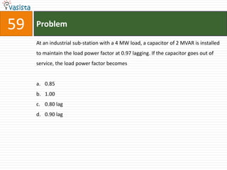 59   Problem

     At an industrial sub-station with a 4 MW load, a capacitor of 2 MVAR is installed
     to maintain the load power factor at 0.97 lagging. If the capacitor goes out of
     service, the load power factor becomes


     a. 0.85
     b. 1.00
     c. 0.80 lag
     d. 0.90 lag
 