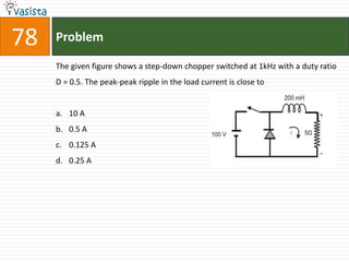 78   Problem

     The given figure shows a step-down chopper switched at 1kHz with a duty ratio
     D = 0.5. The peak-peak ripple in the load current is close to


     a. 10 A
     b. 0.5 A
     c. 0.125 A
     d. 0.25 A
 