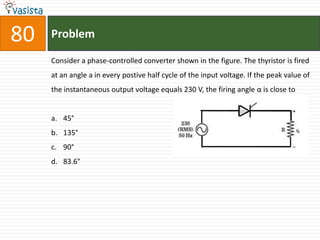 80   Problem

     Consider a phase-controlled converter shown in the figure. The thyristor is fired
     at an angle a in every postive half cycle of the input voltage. If the peak value of
     the instantaneous output voltage equals 230 V, the firing angle α is close to


     a. 45°
     b. 135°
     c. 90°
     d. 83.6°
 