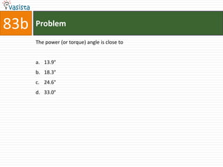 83b   Problem

      The power (or torque) angle is close to


      a. 13.9°
      b. 18.3°
      c. 24.6°
      d. 33.0°
 