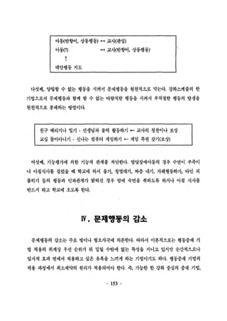 o똥(반향어， 상동행동) •’ 교λH관섬) 
아동(1) •* 교새반향어， 상동행동) 
대안행동지도 
다섯째， 양렵할 수 없는 행동을 시켜서 문제행동을 원천적A로 막는다. 강화스케줄의 한 
기법으로서 문제행동과 함께 할 수 없는 바람직한 행동을 시격서 부적절한 행동의 발생을 
원천적으로 봉쇄동}는 방법이다. 
친구 때리기나 밀기 - 선생념과 불럭 활동하기 • 교사의 청찬이나 보상 
교실 돌아다니기 - 신냐는 컴퓨터 게임하기 • 게임 특권 갖기(보상) 
여섯째， 기능평가에 의한 71능척 관계를 차단한다. 발달장애아동의 경우 수면이 부족이 
나 아침식사를 걸렸을 때 학교에 와서 울기， 챙얼대기， 짜증 내기， 자해행동하기， 다인 괴 
롭히기 등의 행동과 인과관계가 밝혀진 경우 밤에 숙면을 취하도록 하거나 아첨 식사를 
반드시 하고 학교에 오도록 한다. 
w. 문제행동의 감소 
문제행동의 감소는 주로 벌이나 혐오자극에 의존한다. 따라서 이론적으로는 행동중재 기 
법 적용의 위계상 우선 순위가 뒤 밀릴 수밖에 없는 특성을 지니고 있지만 순간적으로나 
일시적 효과 면에서 척용하고 싶은 유혹을 느끼게 하는 기법이기도 하다. 행동중재 기법의 
적용 과정에서 최소제약의 원리가 적용되어야 한다. 즉， 가능한 한 강화 중심의 중재 기법， 
- 153 - 
 