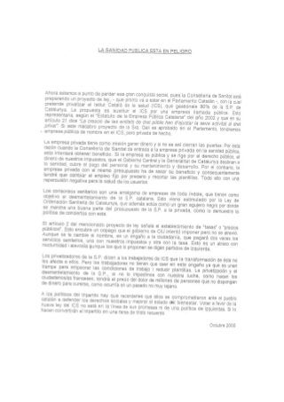 2005.10.01 CGTFESANCAT INFORMA -  LA SANIDAD PÚBLICA ESTÁ EN PELIGRO