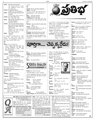 Ðû¦è[ª--
I
Ajitha: Hi Naresh, how goes Life?
(à¦õ í£õ-ÚÛ-JÙí£± ÷«åöËºx ÏC ÚÛ«è¯
ÖÚÛæ¨. Practice à¶ú‡ î¦è[Ùè…. Dìô¢nÙ,
Óö° Ñû¦o÷± ÍE)
Naresh: No regrets. Getting on.
(ò°ëÅ]-ö¶Oª ö¶÷±. ÔëÁ áJ-T-ð¼-êÁÙC.)
Ajitha: Did you go through the Eenadu this
morning?
(Ð ôÁV ð»ë]ªlì ‘Ðû¦è[ª’ àŸC-î¦î¦?)
Naresh: No, I didn't. What's new?
(ö¶ë]ª. Ôîµªiû¦ Nø™ù£Ù ÑÙë¯?)
Ajitha: Don't you (Do not you/Do you not)
read the newspaper?
(ì«uúÃ-›í-í£ôÂ àŸë]-÷î¦?)
Naresh: I do, of course. But this morning I
was in a hurry. I just ran through the
headlines. My sister reads the
paper in detail.
(àŸë]ª-÷±-ê¦ìª. Ú¥F ð»ë]ªlì ï£°è¯-N-è…öËº
šï°èÂ-öµjûËÂq ÷«vêŸÙ àŸCî¦. ÷« àµöµxõª
›íí£ôÂ îµ³êŸhÙ àŸë]ª-÷±-êŸªÙC.)
Ajitha: Does she?
(Í÷±û¦?)
Ð ú£ÙòÅ°-ù£-éöËº 'do, does, did' Óö° î¦è¯ôÁ
àŸ«ø‹ô¢ª ÚÛë¯. ÏÙêŸÚÛª ÷³Ùë]ª ÚÛ«è¯ Oæ¨E
N÷JÙà¦Ù. ÷ªSx ÷ªô¢#ð¼ÚÛªÙè¯ ÑÙè¶Ù-ë]ªÚÛª Ð
Ú¨ÙC î¦Ú¥uõª ÏÙTx-ùÃöËº vð§Ú©dúÃ à¶óŸªÙè….
eg:
1)
Pavan: Eìo Oª Ú¥ô¢ª-¸Ú-÷ª-ô³ÙC?
(Í÷è[Ù– happen. what, who êŸô¦yêŸ Ú•Eo
ú£Ùë]ô¦sÄöËºx questionsöËº 'do', 'does', 'did'
ô¦÷±. eg: Oª·Ú-÷-J-à¦aô¢ª Î í£±ú£hÚÛÙ? Who
gave you the book?)
(What happened to your car yes-
terday?)
Prakash: ÍC ë¯JöËº ÎT-ð¼-ô³ÙC.
(It broke down yesterday.)
(Ú¥ô¢ª, óŸªÙvê¦õª í£E-à¶-óŸª-ÚÛ-ð¼-÷è[Ù- break
down)
Pavan: ÍC êŸô¢àŸ« ÎT-ð¼-êŸªÙ-åªÙë¯?
(Does it break down frequently?)
Prakash: êŸô¢àŸ« áô¢-Þœë]ª. Eìo ÷«vêŸÙ Ñìo-
åªxÙè… ÎT-ð¼-ô³ÙC.
(No, it doesn't (does not)).
No êÁ ÚÛ«è¯ ÎT-ð¼-÷àŸªa. Ú•ÙàµÙ clear Þ¥ Íô³ê¶,
No, it doesn't ÍÙç¶ à¦õª.
No it doesn't breakdown frequently ÍE í£²JhÞ¥
àµð§pLqì í£E-ö¶ë]ª.
2)
Pradeep: Sreenivas sings well.
(XE-î¦úÃ ò°Þ¥ ð§è[-ê¦è[ª).
Prasanth: Does he?
(Í÷±-û¦?/-ð§-è[-ê¦è¯?)
ÏÚÛè[ ÚÛ«è¯ does he sing so well ÍE í£²JhÞ¥
Íû¦Lqì í£E-ö¶ë]ª.
3)
Vinai: She scored the highest marks in last
week's exam.
(ÞœêŸ î¦ô¢Ù í£K-¤ÛöËº ÎîµªÚÛª ÍÙë]J ÚÛû¦o
ÓÚÛª÷ ÷«ô¢ªõª ÷à¦aô³.)
Varun: Did she?
(ÏÚÛè[ ÚÛ«è¯ Did she score... ÍE
í£²JhÞ¥ Íû¦Lqì Í÷-ú£ô¢Ù ö¶ë]ª.)
Íö°¸Þ Í÷±ìª, Ú¥ë]ª í£ë¯õÚÛª ÚÛ«è¯ do, does, did
î¦è[-÷àŸªa.
eg:
1)
Laxman: Did you meet Ram yesterday?
Bharat: Yes, I did.
÷«÷´-õªÞ¥ Íô³ê¶, Yes I met him ÍÙæ°Ù.
Conversational Þ¥ Íô³ê¶ 'Yes I did' à¦õª.
2)
Divya: Does she sing well?
Deepika: She does, very well.
conversational Þ¥ She does ÍÙç¶ à¦õª.
÷«÷´õªÞ¥ Íô³ê¶, Yes, she sings very well
ÍÙæ°Ù.
3)
Champa: Do you practice the game regu-
larly?
Charan: Oh, yes, I do.
I practice the game regularly ÍE îµ³êŸhÙ Íì-
ÚÛªÙè¯, 'I do' ÍÙç¶ ú£ï£°-áÙÞ¥ ÑÙåªÙC.
4)
Prameela: Does Kranthi meet you often?
Prasanthi: No, she doesn't (= does not)
ÏÚÛè[ answer, 'no' Ú¥ñæ¨d she doesn't ÍÙæ°Ù.
No, she does not meet me often ÍE í£²JhÞ¥
Íì-ÚÛ-ô¢-ö¶ë]ª.
5)
Sekhar: Did you talk to Kalyan yesterday?
Chandra: No, I didn't (= did not)
í£²JhÞ¥ No, I did not talk to him. Íû¦Lqì í£E-
ö¶ë]ª.
6)
Mallik: Do you like cricket?
Madhav: No, I don't (= do not)
I don't like cricket ÍE í£²JhÞ¥ Íì-ÚÛ-ô¢-ö¶ë]ª.
Ð Ú¨ÙC conversation í£J-Q-LÙ-àŸÙè…. Do, does
did ö°Þ¥û¶ am, is, are, was, were õêÁ ÚÛªxí£hÙÞ¥
responses Ï÷y-÷àŸªa.
1)
Padma: Are you a teacher?
(Oªô¢ª æ©àŸô¦?)
Prakash: Yes I am. (Í÷±ìª)
Yes, I am a teacher Íì-ÚÛ-ô¢-ö¶ë]ª.
2)
Sita: Is Uma a good singer?
Alivelu: No, she isn't (= is not)
(Îîµª Ú¥ë]ª)
3)
Ramesh: Are you students?
Jagan & Naresh: No, we aren't/yes, we are
(šíj áî¦-ñªöËºx 2 öËº No, she is not a good
singer ÍE Ú¥E, 3 öËº No, we are not students
ÍE Ú¥F í£²JhÞ¥ Íì-ÚÛ-ô¢-ö¶ë]ª)
Ú•ÙàµÙ ›ï°üŒ-ìÞ¥ áî¦-G-÷y-è¯-EÚ¨ ÚÛ«è¯ Ð clipped
responses- ÚÛªCÙ-#ì ú£pÙë]-ìõª– î¦è[ª-êŸªÙæ°Ù.
Ð Ú¨ÙC ú£ÙòÅ°-ù£é àŸ«è[Ùè….
Govind: I play better than Sachin.
(û¶ìª ú£#ûËÂ ÚÛÙç¶ ò°Þ¥ Îè[-ê¦ìª.)
Govardhan: Oh, do you? People don't know
that, unfortunately
(×ï£°ÉËº, Íö°Þ¥?ví£á-õ-ÚÛC êµLóŸªë]ª,
ë]ªô¢ë]'ù£dÙ – ÏC ›ï°üŒì)
OªJ-í£±pè[ª do, does, did, am, is, are etc...
î¦è[ªêŸ« Ð Ú¨ÙC conversation English öËº Oª
friends êÁ practice à¶óŸªÙè…:
Ú¨ÙC Ñë¯-ï£°-ô¢-éõª àŸ«è[Ùè….
Krishna: OªÚÛª ï‡°ÙD êµõªþ§?
(Do you know Hindi?)
Srinivas: êµMë]ª
(No, I don't)/
êµõªú£ª (yes, I do).
1)
Pratima: Oªô¢ª êŸNªüŒÙ
÷«æ°x-è¯-ê¦ô¦?
Pratibha: ÷«æ°x-è[ª-ê¦-ìª/-
÷«-æ°x-è[ìª.
2)
Janaki: î¶éªÚÛª çµEúÃ
Ïù£d÷«? (like î¦è[Ùè…)
Jayanthi: Ïù£d-î¶ª/-Ú¥ë]ª
3)
Shyam: û¶ìª ÷³Üu-÷ªÙvAE Ú¥î¦õ-ìª-Ú•Ù-åª-
û¦oìª.
Sundar: ×ï£°ÉËº Íö°Þ¥? ÍC à¦ö°?
4)
Prabhat: Eìo ÚÛ÷ªöËÀ ÷³Ùò°óÀª îµü‹xè[ª (go /
leave î¦è[Ùè…)
Praveen: Íö°Þ¥? ÓÙë]ªÚÛª?
5)
Sukumar: ÷« Òô¢ª ÎÙvëÅ]-ví£-ë¶øÉÂ îµ³êŸhÙöËº
Þ•í£pC (best î¦è[Ùè…)
Suman: Íö°Þ¥? Ô Òô¢Ùè† ÍC?
Sukumar: Ná-óŸª-î¦è[
Suman: ÍC Þ•í£pëÁ Ú¥ëÁ û¦ÚÛª êµMë]ª, Ú¥E one
of the hottest ÍE ÷«vêŸÙ êµõªú£ª.
6)
Madan: ìª÷±y à¦ö° ÷ªÙ#-î¦-è…ö° ÚÛE-í‡-ú£ªh-û¦o÷±.
(seem; a good fellow î¦è[Ùè…)
Manoj: Í÷±û¦? ÍC F ÷ªÙ#-êŸìÙ ÷õx
7)
Mukund: î¦üŒ‰x òÅ°ô¢-B-óŸ³ö°?
Murari: Ú¥ô¢ª/ Í÷±ìª.
8)
Nelson: Ð í£±ú£h-Ú¥õª Oªî¦?
Neeraj: Í÷±ìª. Í÷Fo û¦î¶/-Ú¥÷±.
9)
Taruni: Oªô¢ª æ©O úˆJ-óŸªöËÀq àŸ«þ§hô¦?
Sania: Í÷±ìª àŸ«þ§h-ìª/-àŸ«-è[ìª.
Taruni: ÍN Îú£Ú¨hÞ¥ ÑÙæ°óŸ«.
Sania: Í÷±-ìª/-Ú¥ë]ª ('are' î¦è[Ùè…)
10)
Bhaskar: î¦Rx-ÚÛè[ ÑÙè¶-î¦ü‹x? (were î¦è[Ùè…)
Bhanu: Í÷±-ìª/-Ú¥ë]ª (were î¦è¯L)
11)
Teacher: Ð ví£øŒo ÚÛù£d÷«?
Pupil: Í÷±-ìª/-Ú¥ë]ª (is ô¦î¦L)
Answers:
1)
Pratima: Do you speak Tamil?
Pratibha: Yes, I do / No, I don't.
2)
Janaki: Does Venu like Tennis?
Jayanthi: Yes, he does / No, he doesn't.
3)
Shyam: I want to become the CM
Sundar: Oh, do you? Is that enough?
4)
Prabhat: Kamal left for/went to Mumbai
yesterday
Praveen: Did he? Why?
5)
Sukumar: Our city is the best in A.P.
Suman: Oh, is it? which city is it?
Sukumar: Vijayawada
Suman: I don't know whether it is the
best, but I know it is one of the
hottest places.
6)
Madan: You seem/appear to be a good fel-
low
Manoj: Do I? That's because of your good-
ness.
7)
Mukund: Are they Indians?
Murari: No, they aren't / yes, they are
8)
Nelson: Are these books your's?
Neeraj: Yes, they are all mine / No,they
aren't. (= are not)
9)
Taruni: Do you watch TV serials?
Sania: Yes, I do / No, I don't (=do not)
Taruni: Are they interesting?
Sania: Yes, they are / No, they aren't
10)
Bhaskar: Were they here?
Bhanu: Yes, they were / No, they weren't
11)
Teacher: Is this question difficult?
Pupil: Yes, it is / No it isn't
ÎÙÞœxòÅ°ù£é
ÎÙÞœxòÅ°ù£é
ÎÙÞœxòÅ°ù£é
ÎÙÞœxòÅ°ù£é
ÎÙÞœxòÅ°ù£é
ÎÙÞœxòÅ°ù£é
M. SURESAN
13
ñªëÅ]î¦ô¢Ù 6 Vöµj 2005
ví£øŒo: 'Best' ÚÛª ÷³Ùë]ª First, second, next
Íû¶ í£ë¯õª Ñí£-óµ«-TÙ-àŸ-÷à¦a?
– >.N.-X-ë¶N, Î÷ª-ë¯-õ-÷-õú£
áî¦ñª: 'First best' ÍE ÍìÙ. ÓÙë]ª-ÚÛÙç¶,
'best' öËºû¶ first Íû¶ òÅ°÷Ù ÑÙC. next best,
second best, third best... Íì-÷àŸªa.
ví£øŒo: Interrogative sentences öËº helping
verbsìª Ñí£-óµ«-TÙ-à¶-å-í£±pè[ª was
ö¶ë¯ did Ôó¶ª ú£Ùë]-ô¦sÄöËºx î¦è¯L?
Ú¨ÙC î¦Ú¥uöËºx ÔC ú£·ôj-ìëÁ êµõ-í£Ùè….
1) What was he do?
2) What did he do?
–ÓúÃ.-îµj.·Ú., õ·Úq-æ¨d-›íå
áî¦ñª: îµ³ë]æ¨ î¦ÚÛuÙ ÚÛ·ôÚÂd Ú¥ë]ª. was
êŸô¦yêŸ, ÍÙç¶ Ô 'be' form êŸô¦yêŸ ÚÛ«è¯, do,
go, come, walk ö°Ùæ¨ 1st RDW (1st
Regular Doing Words) ô¦÷±. ÏÚÛè[ was
do Íû¶C English Ú¥ë]ª. ·ôÙèÁ î¦ÚÛuÙ 'What
did he do?' ÚÛ·ôÚÂd. ÏÚÛè[ verb: did do = did.
Answer: He played / sang; He did not do
anything ö°Þ¥ ô¦÷àŸªa.
ví£øŒo: This stone was laid by somebody
Íû¶ î¦ÚÛuÙöËº 'laid' ÞœªJÙ# N÷-JÙ-àŸ-Þœ-
õô¢ª. Íö°¸Þ lying Íû¶, lie Íû¶ verbs
ÚÛª, laid Íû¶ verb ÚÛª present, past,
past participle êµõ-í£Ùè….
– Xìª, òÅ¡vë¯-àŸõÙ
áî¦ñª: This stone was laid by somebody
ÏÚÛè[ stone ÍÙç¶ í£±û¦-C-ô¦ô³. ÍÙç¶,
Dams, GLfÙ-ÞÂq-ö°Ùæ¨ Eô¦t-é°õª vð§ô¢Ù-GÅÙ-à¶-å-
í£±pè[ª VIPõª í£±û¦-C-ô¦ô³ î¶óŸªè[Ù / øŒÙÚÛª-þ§n-
í£ì à¶óŸªè[Ù.
The CM laid the foundation stone for the
bridge.
(÷³Üu-÷ªÙvA ÷Ùêµ-ìÚÛª í£±û¦-C-ô¦ô³ î¶ø‹ô¢ª /
øŒÙÚÛª-þ§n-í£ì à¶ø‹ô¢ª.)
lie (present tense) (Íñë]lÄÙ àµí£pè[Ù), lied (past
tense), lied (past participle).
lie (present) (í£è[ª-ÚÁ-÷è[Ù, Nvø‹ÙA Bú£ª-ÚÁ-
÷è[Ù...), lay (past), laim(past participle).
lay (present) (ÑÙàŸè[Ù, Þœªè[ªx-ší-ådè[Ù, øŒÙÚÛª-þ§n-
í£ì à¶óŸªè[Ù), laid (past), laid (past participle).
í£²JhÞ¥....àµí£pÚÛ¸ôxë]ª!
 