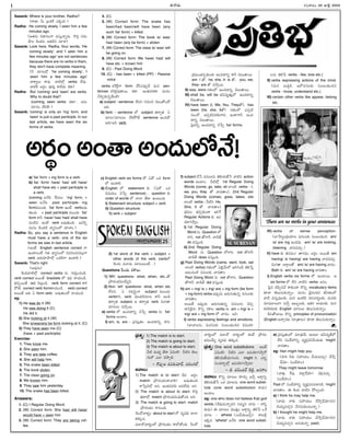 Ðû¦è[ª--
Sasank: Where is your brother, Radha?
(ô¦ëÅ¯, Oª vñë]ôÂ ÓÚÛè[?)
Radha: He coming slowly. I seen him a few
minutes ago.
(ÍêŸìª Eë¯-ìÙÞ¥ ÷ú£ªh-û¦oè[ª. Ú•Cl ENª-
ÿ§õ Ú¨Ùë]å ÍêŸè…E àŸ«ø‹)
Sasank: Look here, Radha. Your words, 'He
coming slowly', and 'I seen him a
few minutes ago' are not sentences
because there are no verbs in them,
they don't have complete meaning.
(F ÷«åöËºx 'he coming slowly', 'I
seen him a few minutes ago'
î¦Ú¥uõª Ú¥÷±. î¦æ¨öËºx verbs ö¶÷±.
î¦æ¨Ú¨ Íô¢nÙ í£²Jh Ú¥ö¶ë]ª ÚÛë¯)
Radha: But 'coming' and 'seen' are verbs.
Why to doubt that?
(coming, seen verbs ÚÛë¯?, Íìª-
÷«ìÙ ë¶EÚ¨?)
Sasank: 'coming' is only an 'ing' form, and
'seen' is just a past participle. In our
last article, we have seen the six
forms of verbs.
a) 'be' form + ing form is a verb
b) 'be' form/ have/ has/ will have/
shall have etc + past participle is
a verb.
(coming Íû¶C ¸Ú÷õÙ 'ing' form, +
seen Íû¶C past participle- ing
form÷³Ùë]ª 'be' form ÑÙç¶ verbÍ÷±-
êŸªÙC. + past participle ÷³Ùë]ª 'be'
form Ú¥F have/ has/ had/ shall have
÷Ùæ¨N ÑÙç¶ verb Í÷±-êŸªÙC. Ï÷Fo
÷ªìÙ Ú¨Ùë]æ¨ î¦uú£ÙöËº àŸ«ø‹Ù.)
Radha: So, you say a sentence in English
must have a verb- one of the six
forms we saw in last article.
(ÍÙç¶ English sentence correct Þ¥
ÑÙè¯-õÙç¶ ÞœêŸ î¦uú£ÙöËº N÷-JÙ-#ìåªxÞ¥
verb Îô¢ªô¢«ð§öËºx ÖÚÛæ¨Þ¥ ÑÙè¯L.)
Sasank: That's right
(Í÷±ìª)
Ú¨ÙCî¦æ¨öËºx correct verbs ìª ÞœªJhÙ-àŸÙè….
verb correct Íô³ê¶ brackets öËº (c) ô¦óŸªÙè….
êŸí£p-ô³ê¶ (w) šíådÙè…. verb form correct Ú¥ÚÛ-
ð¼ê¶, correct verb formô¦óŸªÙè…. verb correct
Íô³ê¶ ÍC Ô form verb Í÷±-êŸªÙëÁ ô¦óŸªÙè….
eg:
1) He was do it (W)
He was doing it (C)
He did it.
2) She looking at it (W)
She is/was/any be form looking at it. (C)
3) They have seen me (C)
(have + past participle)
Exercise:
1. They know me.
2. She seen him.
3. They are take coffee.
4. She will help him.
5. The snake been killed.
6. The book stolen.
7. The class going on.
8. We known him.
9. They saw him yesterday.
10. The snake has been killed.
Answers:
1. (C) I Regular Doing Word.
2. (W) Correct form: She has/ will have/
would have + seen him
3. (W) Correct form: They are taking cof-
fee.
4. (C)
5. (W) Correct form: The snake has
been/had been/will have been (any
such 'be' form) + killed.
6. (W) Correct form: The book is/ was/
has/ been (any be form) + stolen
7. (W) Correct form: The class is/ was/ will
be going on.
8. (W) Correct form: We have/ had/ will
have etc. + known him
9. (C) - Past Doing Word
10. (C) - has been + killed (PP) - Passive
voice
verbs ÚÛ·ô-ÚÂdÞ¥ form à¶ú‡-ì-í£±pè¶ ÷ªì sen-
tences ÚÛ·ô-ÚÛd-÷±-ê¦ô³ ÚÛë¯. ÏÙêŸ÷ô¢ÚÛ« ÷ªìÙ
û¶ô¢ªaÚÛªìo-ë¶Ùæ¨?
a) subject - sentence ë¶EE ÞœªJÙ# àµñª-êÁÙëÁ
ÍC.
b) Verb - sentence öËº subject êŸô¦yêŸ Ô
÷«-å/-÷«-åõª ö¶ÚÛ-ð¼ê¶ sentence ÑÙè[ëÁ
ÍC/-ÍN verb.
c) English verb six forms öËº ÔëÁ ÖÚÛ form
öËº ÑÙè¯L.
d) English öËº statement ÚÛª (ÔëÁ ÖÚÛ
Nù£óŸªÙ àµ›íp sentence) , question ÚÛª
order of words öËº à¦ö° ê¶è¯ ÑÙåªÙC.
i) Statement structure: subject + verb
ii) Question structure:
1) verb + subject
2) 1st word of the verb + subject +
other words of the verb. (verböËº
·ôÙè[ª ÷´è[ª ÷«å-õªÙç¶...)
Questions ·ôÙè[ª ô¢Ú¥õª:
1) 'Wh' questions- what, when, etc.,êÁ
vð§ô¢Ù-òÅ¡÷ªó¶ªuN.
2) Non 'wh' questions- what, when etc
ö¶EN. Ô ô¢ÚÛ-îµªiû¦ subject ÷³Ùë]ª
verbÚ¥E, verb îµ³ë]-æ¨-÷«å Ú¥F ÑÙè…
êŸô¦yêŸ subject, Î êŸô¦yêŸ verb NªÞœê¦
÷«åõª ÷þ§hô³.
e) verbs öËº ÑÙè[-è¯Eo àµ›íp verbs ìª 'be'
forms ÍÙæ°Ù.
I) am, is, are - ví£ú£ªhêŸÙ ÑÙè[-è¯Eo Ú¥E,
vÚÛ÷ªÙ-êŸ-í£p-ÚÛªÙè¯ ÑÙè[-è¯Eo Ú¥F àµñªê¦ô³.
am- I êÁ; he, she, it- is êÁ; you, we,
they- are êÁ ÷þ§hô³.
II) was, were ÞœêŸÙöËº ÑÙè[-è¯Eo àµñªê¦ô³.
III) shall be, will be òÅ¡N-ù£u-êŸªhöËº ÑÙè[è¯Eo
àµñªê¦ô³.
IV) have been (I, We, You, TheyêÁ), has
been (he, she, itêÁ) ÞœêŸÙöËº Óí£pæ¨
ìªÙàÁ, Ïí£pæ¨÷ô¢ÚÛªÞ¥E, ÏÙÚ¥-Þ¥F ÑÙè[-
è¯Eo àµñªê¦ô³.
šíj÷Fo ÑÙè[-è¯Eo àµ›íp 'be' forms.
f) subject à¶›ú í£ìª-õìª êµLóŸª-â¶›ú î¦æ¨E action
words ÍÙæ°Ù. Oæ¨öËºx 1st Regular Doing
Words (come, go, take, sit ö°Ùæ¨ verbs - I,
we, you, they êÁ î¦è[ê¦Ù), 2nd Regular
Doing Words (comes, goes, takes, sits
ö°Ùæ¨ verbs - Oæ¨E He,
She, It êÁ î¦è[ê¦Ù)
vÚÛ÷ªÙ êŸí£p-ÚÛªÙè¯ áJ¸Þ
Regular Actions ÚÛª Ñí£-
óµ«-Tþ§hÙ.
i) 1st Regular Doing
Word ìª Question öËº
Þ¥E, not êÁÞ¥F î¦è…ê¶
do ÷ú£ªhÙC.
ii) 2nd Regular Doing
Word ìª Question öËºÞ¥E, not êÁÞ¥F
î¦è…ê¶ does ÷ú£ªhÙC.
g) Past Doing Words (came, went, took, sat
ö°Ùæ¨ verbs) ÞœêŸÙöËº Ôçµj-îÂªöËº áJ-TÙD êµL›úh
Íåª-÷Ùæ¨ í£ìª-õÚÛª î¦è[ê¦Ù.
Past Doing Word ìª not êÁÞ¥E, Question
êÁÞ¥F î¦è…ê¶ did ÷ú£ªhÙC.
h) am + ing/ is + ing/ are + ing form (be form
+ ing form) verbs Ïí£±pè[ª áô¢ª-Þœª-êŸªìo í£ìª-õÚÛª
î¦è[ê¦Ù.
Íô³ê¶ Ïí£±pè[ª áô¢ª-Þœª-êŸªìo í£ìª-õìª àµí£p-
è¯E·Újû¦, Ú•Eo ô¢Ú¥õ verbs ìª am + ing/ is +
ing/ are + ing form öËº î¦è[Ù. ÍN–
I) verbs expressing feelings and emotions.
(òÅ°î¦-õìª, ÷ªì-ú£ªÚÛª ú£ÙñÙ-CÅÙ-#ì Nù£-óŸ«-
õìª êµL›í verbs - like, love etc.)
II) verbs expressing actions of the mind.
(÷ªì ñªClÄÚ¨, ÎöËº-àŸ-ìõÚÛª ú£ÙñÙ-CÅÙ-#ì
verbs - know, understand etc.)
III) certain other verbs like appear, belong
etc.
IV) verbs of sense perception.
(ò°›ï°uÙvCóŸ«õ í£ìª-õÚÛª ú£ÙñÙ-CÅÙ# am/
is/ are ing ÑÙè[÷±. am/ is/ are looking,
listening î¦è[-÷àŸªa.)
V) have ÚÛª Aìè[Ù/ ê¦Þœè[Ù Íô¢nÙ Íô³ê¶ am
having/ is having/ are having î¦è[÷àŸªa.
NªÞœê¦ Íô¦n-õêÁ am/ is/ are having î¦è[Ù.
Bath ÚÛª am/ is/ are having î¦è[ê¦Ù.
i) English verbs six forms öËº ÑÙæ°ô³. Î
six forms öËº ö¶E î¦æ¨E verbs ÍìÙ.
šíjì àµí‡pìî¶ Ú¥ÚÛªÙè¯ Ú•Eo vocabulary items
ÚÛ«è¯ êµõªú£ª-ÚÛªû¦oÙ. ÷ªìÙ ëµjìÙ-Cì @N-êŸÙöËº
î¦è¶ ÷ú£ªh-÷±õÚÛª, ÷ªì ÏÙæ¨Ú¨, Cì-àŸ-ô¢uõÚÛª, ÷ªìÚÛª
÷«÷´-õªÞ¥ ÷à¶a áñªs-õÚÛª, ÏêŸô¢ ò°ëÅ]-õÚÛª, ÷ªì-
ÚÛ-ë]-L-ÚÛõÚÛª English ÷«åõª êµõª-ú£ª-ÚÛªû¦oÙ.
DE-êÁ-ò°åª Ú•Eo principles of pronunciation
(English Ñà¦a-ô¢é ú£«vê¦õª) ÚÛ«è¯ êµõªú£ª-ÚÛªû¦oÙ.
M. SURESAN
øŒEî¦ô¢Ù 30 Vöµj 2005
I
ÎÙÞœxòÅ°ù£é
ÎÙÞœxòÅ°ù£é
ÎÙÞœxòÅ°ù£é
ÎÙÞœxòÅ°ù£é
ÎÙÞœxòÅ°ù£é
ÎÙÞœxòÅ°ù£é 25
There are no verbs in your sentences
ví£øŒo: 1) The match is to start.
2) The match is going to start.
3) The match is about to start.
Oæ¨ ÷ªëÅ]u ê¶è¯ ÔNªæ¨? Oæ¨E êµõª-
ÞœªöËº Óö° àµð§pL.
– Ú•í£±põ ô¢N-ÚÛª-÷«ôÂ, ÷ô¢Ù-ÞœöËÀ
áî¦ñª:
1) The match is to start- DE Íô¢nÙ
match vð§ô¢ÙòÅ¡ÙÚ¥î¦L/ Í÷±-êŸªÙC
Ú¥›úqí£æËºx ÍE. ÏÙêŸ-÷-ô¢ÚÛª Í÷-ö¶ë]ª ÍE.
2) The match is about to start- Ú•Cl
¤Ûé°öËºx match vð§ô¢Ù-òÅ¡-÷ª-÷±êÁÙC ÍE.
3) The match is going to start- match
vð§ô¢ÙòÅ¡Ù Ú¥ìªÙC.
·ôÙèÁî¦ÚÛuÙ about to start öËº ÷u÷CÅ à¦ö°
êŸÚÛª÷.
÷´èÁî¦ÚÛuÙöËº vð§ô¢ÙòÅ¡Ù Ú¥òËº-êÁÙC. ·ôÙèÁ
î¦ÚÛuÙöËº ÷´èÁ î¦ÚÛuÙöËº ÚÛÙç¶ vð§ô¢Ù-
òÅ¡÷ªó¶ªu ÷u÷CÅ êŸÚÛª÷.
ví£øŒo: One word substitutions ÍÙç¶
ÔNªæ¨? Oæ¨E Óö° Ñí£-óµ«-T-þ§hôÁ
êµL-óŸª-â¶-óŸª-Þœ-õô¢ª. might E ÓEo
ú£Ùë]-ô¦sÄöËºx Ñí£-óµ«-T-þ§hô¢ª?
– è…. ô¢OÙ-ë]ôÂ ·ôè…f, áìÞ¥Ù
áî¦ñª: Ú•Eo ÷«åõ ÚÛ«ô¢ªp Ïà¶a Íô¦nEo
êµLóŸªâ¶›ú ÖÚÛ ÷«åìª one word substi-
tute (one word substitution Ú¥ë]ª)
ÍÙæ°Ù.
eg: one who does not believe that god
exists. (ë¶÷±-è[ª-û¦o-è[E ì÷ªtE î¦è[ª – û¦ú‡h-
ÚÛªè[ª) Ð ÷«åõ îµ³êŸhÙ Íô¦nEo êµL›í Ö¸Ú
÷«å – atheist (ÓóÀª-CÇ-ô³úÃd). Ú¥ñæ¨d
ÏÚÛè[ 'atheist' Íû¶C one word substi-
tute.
a) ví£ú£ªhêŸÙöËº ÷«vêŸî¶ª ÑÙå« òÅ¡N-ù£u-êÂöËº
ö¶E ú£Ùë¶-ï£„Eo ÷uÚÛhí£J-à¶Ù-ë]ªÚÛª 'might'
î¦è[ê¦Ù.
eg: Hari might help you.
(ï£°J FÚÛª ú£ï£„óŸªÙ à¶óŸª-÷àŸªa/ à¶þ§h-
è¶îµ«– ú£Ùë¶ï£°Ù)
They might leave tomorrow.
(î¦üŒ‰x ¸ôí£± îµü‹h-¸ôîµ«/ îµüŒx-÷àŸªa –
ú£Ùë¶ï£°Ù).
Past öËº ú£Ùë¶-ï£„Eo ÷uÚÛh-í£-ô¢-àŸ-è¯-EÚ¨, 'might'
î¦è[ê¦Ù. Ð Ú¨ÙC î¦æ¨E ð¼õaÙè…–
a) I think he may help me.
(î¦è[ª û¦ÚÛª ú£ï£„óŸªÙ à¶þ§h-è¶-îµ«-ìE/
àµóŸªu-÷-àŸaE û¶ì-ìª-ÚÛªÙ-åªû¦o.)
b) I thought he might help me.
(î¦è[ª û¦ÚÛª ú£ï£„-óŸªÙ- à¶-þ§h-è¶-îµ«-ìE/
àµóŸªu-÷-àŸaE Íìª-ÚÛªû¦o past).
Íô¢nÙÍÙê¦ÍÙë]ªöËºû¶!
 