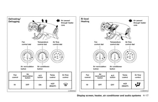 LHA0442                                                          LHA0443

          Display screen, heater, air conditioner and audio systems 4-17




              ੬ REVIEW COPY—2005 Altima (l30)
              Owners Manual—USA_English (nna)
              01/04/05—arosenma ੭
 