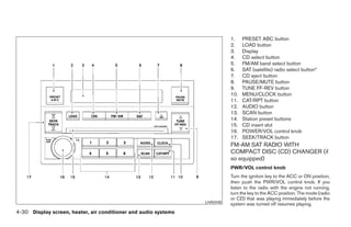 1.    PRESET ABC button
                                                                                 2.    LOAD button
                                                                                 3.    Display
                                                                                 4.    CD select button
                                                                                 5.    FM/AM band select button
                                                                                 6.    SAT (satellite) radio select button*
                                                                                 7.    CD eject button
                                                                                 8.    PAUSE/MUTE button
                                                                                 9.    TUNE FF-REV button
                                                                                 10.   MENU/CLOCK button
                                                                                 11.   CAT/RPT button
                                                                                 12.   AUDIO button
                                                                                 13.   SCAN button
                                                                                 14.   Station preset buttons
                                                                                 15.   CD insert slot
                                                                                 16.   POWER/VOL control knob
                                                                                 17.   SEEK/TRACK button
                                                                                 FM-AM SAT RADIO WITH
                                                                                 COMPACT DISC (CD) CHANGER (if
                                                                                 so equipped)
                                                                                 PWR/VOL control knob
                                                                                 Turn the ignition key to the ACC or ON position,
                                                                                 then push the PWR/VOL control knob. If you
                                                                                 listen to the radio with the engine not running,
                                                                                 turn the key to the ACC position. The mode (radio
                                                                                 or CD) that was playing immediately before the
                                                                       LHA0448
                                                                                 system was turned off resumes playing.
4-30 Display screen, heater, air conditioner and audio systems




                                                                 ੬ REVIEW COPY—2005 Altima (l30)
                                                                 Owners Manual—USA_English (nna)
                                                                 01/04/05—arosenma ੭
 
