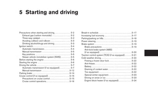 5 Starting and driving


Precautions when starting and driving. . . . . . . . . . . . . . . . 5-2                       Break-in schedule . . . . . . . . . . . . . . . . . . . . . . . . . . . . . . . . 5-17
   Exhaust gas (carbon monoxide) . . . . . . . . . . . . . . . . . . 5-2                       Increasing fuel economy. . . . . . . . . . . . . . . . . . . . . . . . . . . 5-17
   Three-way catalyst. . . . . . . . . . . . . . . . . . . . . . . . . . . . . . 5-2           Parking/parking on hills. . . . . . . . . . . . . . . . . . . . . . . . . . . . 5-18
   Avoiding collision and rollover . . . . . . . . . . . . . . . . . . . . 5-3                 Power steering . . . . . . . . . . . . . . . . . . . . . . . . . . . . . . . . . . . 5-19
   Drinking alcohol/drugs and driving. . . . . . . . . . . . . . . . 5-3                       Brake system . . . . . . . . . . . . . . . . . . . . . . . . . . . . . . . . . . . . 5-19
Ignition switch. . . . . . . . . . . . . . . . . . . . . . . . . . . . . . . . . . . . . 5-4      Brake precautions . . . . . . . . . . . . . . . . . . . . . . . . . . . . . 5-19
   Automatic transmission. . . . . . . . . . . . . . . . . . . . . . . . . . 5-4                  Anti-lock brake system (ABS)
   Manual transmission . . . . . . . . . . . . . . . . . . . . . . . . . . . . 5-5                (if so equipped) . . . . . . . . . . . . . . . . . . . . . . . . . . . . . . . 5-20
   Key positions . . . . . . . . . . . . . . . . . . . . . . . . . . . . . . . . . . 5-5       Traction control system (TCS) (if so equipped) . . . . . . . 5-21
   Nissan vehicle immobilizer system (NVIS) . . . . . . . . . 5-5                              Cold weather driving . . . . . . . . . . . . . . . . . . . . . . . . . . . . . . 5-22
Before starting the engine . . . . . . . . . . . . . . . . . . . . . . . . . . 5-6                Freeing a frozen door lock . . . . . . . . . . . . . . . . . . . . . . 5-22
Starting the engine . . . . . . . . . . . . . . . . . . . . . . . . . . . . . . . . 5-6
                                                                                                  Anti-freeze . . . . . . . . . . . . . . . . . . . . . . . . . . . . . . . . . . . . 5-22
Driving the vehicle . . . . . . . . . . . . . . . . . . . . . . . . . . . . . . . . . 5-7
                                                                                                  Battery . . . . . . . . . . . . . . . . . . . . . . . . . . . . . . . . . . . . . . . 5-22
   Automatic transmission (if so equipped). . . . . . . . . . . 5-7
                                                                                                  Draining of coolant water . . . . . . . . . . . . . . . . . . . . . . . 5-22
   Manual transmission . . . . . . . . . . . . . . . . . . . . . . . . . . . 5-12
                                                                                                  Tire equipment . . . . . . . . . . . . . . . . . . . . . . . . . . . . . . . . 5-22
Parking brake . . . . . . . . . . . . . . . . . . . . . . . . . . . . . . . . . . . . 5-14
Cruise control (if so equipped) . . . . . . . . . . . . . . . . . . . . . 5-15                    Special winter equipment. . . . . . . . . . . . . . . . . . . . . . . 5-23
   Precautions on cruise control . . . . . . . . . . . . . . . . . . . 5-15                       Driving on snow or ice . . . . . . . . . . . . . . . . . . . . . . . . . 5-23
   Cruise control operations. . . . . . . . . . . . . . . . . . . . . . . 5-16                    Engine block heater (if so equipped) . . . . . . . . . . . . . 5-24




                                                                                                ੬ REVIEW COPY—2005 Altima (l30)
                                                                                                Owners Manual—USA_English (nna)
                                                                                                01/04/05—arosenma ੭
 
