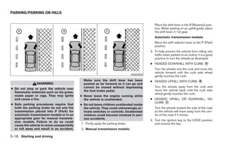 PARKING/PARKING ON HILLS


                                                                                              Place the shift lever in the R (Reverse) posi-
                                                                                              tion. When parking on an uphill grade, place
                                                                                              the shift lever in 1st gear.
                                                                                              Automatic transmission models:
                                                                                              Move the shift selector lever to the P (Park)
                                                                                              position.
                                                                                           3. To help prevent the vehicle from rolling into
                                                                                              traffic when parked on an incline, it is a good
                                                                                              practice to turn the wheels as illustrated.
                                                                                           ● HEADED DOWNHILL WITH CURB: ᭺
                                                                                                                        A

                                                                                              Turn the wheels into the curb and move the
                                                                                              vehicle forward until the curb side wheel
                                                                                 WSD0050
                                                                                              gently touches the curb.
                                              Make sure the shift lever has been           ● HEADED UPHILL WITH CURB: ᭺
                                                                                                                      B
                WARNING                       pushed as far forward as it can go and
                                              cannot be moved without depressing              Turn the wheels away from the curb and
● Do not stop or park the vehicle over                                                        move the vehicle back until the curb side
  flammable materials such as dry grass,      the foot brake pedal.
                                                                                              wheel gently touches the curb.
  waste paper or rags. They may ignite      ● Never leave the engine running while
  and cause a fire.                           the vehicle is unattended.                   ● HEADED UPHILL OR DOWNHILL, NO
                                                                                             CURB: ᭺
                                                                                                   C
● Safe parking procedures require that      ● Do not leave children unattended inside
  both the parking brake be set and the       the vehicle. They could unknowingly ac-         Turn the wheels toward the side of the road
  transmission placed into P (Park) for       tivate switches or controls. Unattended         so the vehicle will move away from the cen-
  automatic transmission models or in an      children could become involved in seri-         ter of the road if it moves.
  appropriate gear for manual transmis-       ous accidents.
                                                                                           4. Turn the ignition key to the LOCK position
  sion models. Failure to do so could
                                            1. Firmly apply the parking brake.                and remove the key.
  cause the vehicle to move unexpectedly
  or roll away and result in an accident.   2. Manual transmission models:

5-18 Starting and driving




                                                                       ੬ REVIEW COPY—2005 Altima (l30)
                                                                       Owners Manual—USA_English (nna)
                                                                       01/04/05—arosenma ੭
 