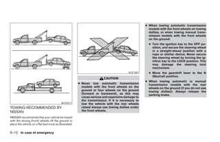 ● When towing automatic transmission
                                                                                                      models with the front wheels on towing
                                                                                                      dollies, or when towing manual trans-
                                                                                                      mission models with the front wheels
                                                                                                      on the ground:
                                                                                                      ● Turn the ignition key to the OFF po-
                                                                                                        sition, and secure the steering wheel
                                                                                                        in a straight-ahead position with a
                                                                                                        rope or similar device. Never secure
                                                                                                        the steering wheel by turning the ig-
                                                                                                        nition key to the LOCK position. This
                                                                                                        may damage the steering lock
                                                                                                        mechanism.
                                                                                          ACE1001     ● Move the gearshift lever to the N
                                                                                                        (Neutral) position.
                                                                         CAUTION
                                                                                                    ● When towing automatic or manual
                                                        ● Never tow automatic transmission            transmission models with the rear
                                                          models with the front wheels on the         wheels on the ground (if you do not use
                                                          ground or four wheels on the ground         towing dollies): Always release the
                                                          (forward or backward), as this may          parking brake.
                                                          cause serious and expensive damage to
                                                          the transmission. If it is necessary to
                                           ACE0511        tow the vehicle with the rear wheels
TOWING RECOMMENDED BY                                     raised always use towing dollies under
NISSAN                                                    the front wheels.

NISSAN recommends that your vehicle be towed
with the driving (front) wheels off the ground or
place the vehicle on a flat bed truck as illustrated.

6-10 In case of emergency




                                                                                ੬ REVIEW COPY—2005 Altima (l30)
                                                                                Owners Manual—USA_English (nna)
                                                                                01/04/05—arosenma ੭
 