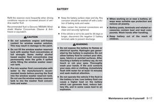 BATTERY


Refill the reservoir more frequently when driving   ● Keep the battery surface clean and dry. Any       ● When working on or near a battery, al-
conditions require an increased amount of win-        corrosion should be washed off with a solu-         ways wear suitable eye protection and
dow washer fluid.                                     tion of baking soda and water.                      remove all jewelry.
Recommended fluid is Genuine NISSAN Wind-           ● Make certain the terminal connections are         ● Battery posts, terminals and related ac-
shield Washer Concentrate Cleaner & Anti-             clean and securely tightened.                       cessories contain lead and lead com-
freeze or equivalent.                                                                                     pounds. Wash hands after handling.
                                                    ● If the vehicle is not to be used for 30 days or
                    CAUTION                           longer, disconnect the negative (-) battery       ● Keep battery out of the reach of
                                                      terminal cable to prevent discharge.                children.
● Do not substitute engine anti-freeze
  coolant for window washer solution.                                  WARNING
  This may result in damage to the paint.
                                                    ● Do not expose the battery to flames or
● Do not fill the window washer reservoir             electrical sparks. Hydrogen gas gener-
  tank with washer fluid concentrates at              ated by the battery is explosive. Do not
  full strength. Some methyl alcohol                  allow battery fluid to contact your skin,
  based washer fluid concentrates may                 eyes, fabrics or painted surfaces. After
  permanently stain the grille if spilled             touching a battery or battery cap, do not
  while filling the window washer reser-              touch or rub your eyes. Thoroughly
  voir tank.                                          wash your hands. If the acid contacts
● Pre-mix washer fluid concentrates with              your eyes, skin or clothing, immediately
  water to the manufacturer’s recom-                  flush with water for at least 15 minutes
  mended levels before pouring the fluid              and seek medical attention.
  into the window washer reservoir tank.            ● Do not operate the vehicle if the fluid in
  Do not use the window washer reservoir              the battery is low. Low battery fluid can
  tank to mix the washer fluid concen-                cause a higher load on the battery
  trate and water.                                    which can generate heat, reduce bat-
                                                      tery life, and in some cases lead to an
                                                      explosion.


                                                                                                         Maintenance and do-it-yourself 8-17




                                                                                ੬ REVIEW COPY—2005 Altima (l30)
                                                                                Owners Manual—USA_English (nna)
                                                                                01/04/05—arosenma ੭
 