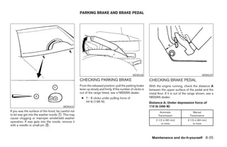 PARKING BRAKE AND BRAKE PEDAL




                                                                                                 WDI0228                                                WDI0229
                                                     CHECKING PARKING BRAKE                                   CHECKING BRAKE PEDAL
                                                     From the released position, pull the parking brake       With the engine running, check the distance A
                                                     lever up slowly and firmly. If the number of clicks is   between the upper surface of the pedal and the
                                                     out of the range listed, see a NISSAN dealer.            metal floor. If it is out of the range shown, see a
                                                      ● 7 - 8 clicks under pulling force of                   NISSAN dealer.
                                                        44 lb (196 N).                                        Distance A: Under depression force of
                                         WDI0424                                                              110 lb (490 N)
If you wax the surface of the hood, be careful not                                                                    Automatic                  Manual
to let wax get into the washer nozzle ᭺. This may
                                      1                                                                              Transmission             Transmission
cause clogging or improper windshield washer
                                                                                                                   3 1/2 in (90 mm)         3 1/3 in (84 mm)
operation. If wax gets into the nozzle, remove it
                                                                                                                       or more                  or more
with a needle or small pin ᭺.
                            2



                                                                                                                Maintenance and do-it-yourself 8-25




                                                                                     ੬ REVIEW COPY—2005 Altima (l30)
                                                                                     Owners Manual—USA_English (nna)
                                                                                     01/04/05—arosenma ੭
 