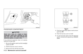 WDI0402                                                           WDI0452

PASSENGER COMPARTMENT                                                                             Type A
                                                                             4. If the fuse is open ᭺, replace it with a known
                                                                                                    A
                    CAUTION                                                     good fuse ᭺.  B

Never use a fuse of a higher or lower                                        5. Push the fuse box cover to install.
amperage rating than specified on the                                        6. If a new fuse also opens, have the electrical
fuse box cover. This could damage the                                           system checked and repaired by a NISSAN
electrical system or cause a fire.                                              dealer.
If any electrical equipment does not operate,
check for an open fuse.
 1. Be sure the ignition switch and the headlight
    switch are OFF.
 2. Pull the fuse box cover to remove.
 3. Remove the fuse with the fuse puller.
8-28 Maintenance and do-it-yourself




                                                              ੬ REVIEW COPY—2005 Altima (l30)
                                                              Owners Manual—USA_English (nna)
                                                              01/04/05—arosenma ੭
 