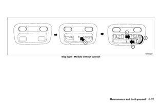 WDI0237
Map light - Models without sunroof




                                     Maintenance and do-it-yourself 8-37




                     ੬ REVIEW COPY—2005 Altima (l30)
                     Owners Manual—USA_English (nna)
                     01/04/05—arosenma ੭
 