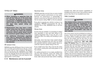 TYPES OF TIRES                                      Summer tires                                           studded tires. Skid and traction capabilities of
                                                                                                           studded snow tires on wet or dry surfaces may be
                                                    NISSAN specifies summer tires on some models           poorer than that of non-studded snow tires.
                    WARNING
                                                    to provide superior performance on dry roads.
● When changing or replacing tires, be              Summer tire performance is substantially re-           TIRE CHAINS
  sure all four tires are of the same type          duced in snow and ice. Summer tires do not have
  (i.e., Summer, All Season or Snow) and            the tire traction rating “M&S” on the tire sidewall.                        CAUTION
  construction. A NISSAN dealer may be
  able to help you with information about           If you plan to operate your vehicle in snowy or icy    Tire chains/cables cannot be installed on
  tire type, size, speed rating and                 conditions, NISSAN recommends the use of               P225/45R18 size tires. Installation of the
  availability.                                     SNOW tires or ALL SEASON tires on all four             tire chains/cables on P225/45R18 size
                                                    wheels.                                                tires will cause damage to the vehicle. If
● Replacement tires may have a lower                                                                       you plan to use tire chains/cables, you
  speed rating than the factory equipped            Snow tires                                             should install P215/55R17 size tires on
  tires, and may not match the potential                                                                   your vehicle.
  maximum vehicle speed. Never exceed               If snow tires are needed, it is necessary to select
  the maximum speed rating of the tire.             tires equivalent in size and load rating to the        Use of tire chains may be prohibited according to
                                                    original equipment tires. If you do not, it can        location. Check the local laws before installing
● For additional information regarding              adversely affect the safety and handling of your
  tires, refer to “Important Tire Safety In-                                                               tire chains. When installing tire chains, make sure
                                                    vehicle.
  formation” (US) or “Tire Safety Informa-                                                                 they are the proper size for the tires on your
  tion” (Canada) in the Warranty Informa-           Generally, snow tires have lower speed ratings         vehicle and are installed according to the chain
  tion Booklet.                                     than factory equipped tires and may not match          manufacturer’s suggestions. Use only SAE
                                                    the potential maximum vehicle speed. Never ex-         class “S” chains. Class ЉSЉ chains are used on
All season tires                                    ceed the maximum speed rating of the tire.             vehicles with restricted tire to vehicle clearance.
                                                                                                           Vehicles that can use Class “S” chains are de-
NISSAN specifies All Season tires on some mod-      If you install snow tires, they must be the same
                                                                                                           signed to meet the minimum clearances between
els to provide good performance all year, includ-   size, brand, construction and tread pattern on all
                                                                                                           the tire and the closest vehicle suspension or
                                                    four wheels.
ing snowy and icy road conditions. All Season                                                              body component required to accommodate the
tires are identified by ALL SEASON and/or M&S       For additional traction on icy roads, studded tires    use of a winter traction device (tire chains or
on the tire sidewall. Snow tires have better snow   may be used. However, some U.S. states and             cables). The minimum clearances are determined
traction than All Season tires and may be more      Canadian provinces prohibit their use. Check           using the factory equipped tires. Other types may
appropriate in some areas.                          local, state and provincial laws before installing     damage your vehicle. Use chain tensioners when
8-46 Maintenance and do-it-yourself




                                                                                   ੬ REVIEW COPY—2005 Altima (l30)
                                                                                   Owners Manual—USA_English (nna)
                                                                                   01/04/05—arosenma ੭
 