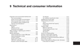 9 Technical and consumer information


Capacities and recommended fuel/lubricants . . . . . . . . . 9-2                                    Tire placard . . . . . . . . . . . . . . . . . . . . . . . . . . . . . . . . . . . 9-11
   Fuel recommendation . . . . . . . . . . . . . . . . . . . . . . . . . . . 9-3                    Air conditioner specification label. . . . . . . . . . . . . . . . 9-12
   Engine oil and oil filter recommendation . . . . . . . . . . . 9-5                           Installing front license plate . . . . . . . . . . . . . . . . . . . . . . . . 9-12
   Recommended SAE viscosity number . . . . . . . . . . . . 9-6                                 Vehicle loading information . . . . . . . . . . . . . . . . . . . . . . . . 9-13
   Air conditioner system refrigerant and                                                           Terms . . . . . . . . . . . . . . . . . . . . . . . . . . . . . . . . . . . . . . . . 9-13
   lubricant recommendations . . . . . . . . . . . . . . . . . . . . . . 9-6                        Determining vehicle load capacity . . . . . . . . . . . . . . . 9-13
Specifications. . . . . . . . . . . . . . . . . . . . . . . . . . . . . . . . . . . . . 9-7         Loading tips . . . . . . . . . . . . . . . . . . . . . . . . . . . . . . . . . . 9-14
   Engine . . . . . . . . . . . . . . . . . . . . . . . . . . . . . . . . . . . . . . . . 9-7   Towing a trailer . . . . . . . . . . . . . . . . . . . . . . . . . . . . . . . . . . . 9-14
   Wheels and tires . . . . . . . . . . . . . . . . . . . . . . . . . . . . . . . 9-8               Maximum load limits . . . . . . . . . . . . . . . . . . . . . . . . . . . 9-15
   Dimensions and weights . . . . . . . . . . . . . . . . . . . . . . . . 9-8                       Towing load/specification chart . . . . . . . . . . . . . . . . . 9-16
When traveling or registering your vehicle in                                                       Towing safety . . . . . . . . . . . . . . . . . . . . . . . . . . . . . . . . . 9-16
another country . . . . . . . . . . . . . . . . . . . . . . . . . . . . . . . . . . . 9-9           Flat towing. . . . . . . . . . . . . . . . . . . . . . . . . . . . . . . . . . . . 9-19
Vehicle identification . . . . . . . . . . . . . . . . . . . . . . . . . . . . . . . 9-9        Uniform tire quality grading . . . . . . . . . . . . . . . . . . . . . . . . 9-20
   Vehicle identification number (VIN) plate . . . . . . . . . . 9-9                            Emission control system warranty . . . . . . . . . . . . . . . . . . 9-21
   Vehicle identification number                                                                Reporting safety defects (US only) . . . . . . . . . . . . . . . . . 9-21
   (chassis number) . . . . . . . . . . . . . . . . . . . . . . . . . . . . . . . 9-9           Readiness for inspection/maintenance (I/M) test . . . . . 9-21
   Engine serial number. . . . . . . . . . . . . . . . . . . . . . . . . . . 9-10               Event data recorders. . . . . . . . . . . . . . . . . . . . . . . . . . . . . . 9-22
   F.M.V.S.S. certification label . . . . . . . . . . . . . . . . . . . . 9-10                  Owner’s Manual/Service Manual order information . . . 9-23
   Emission control information label . . . . . . . . . . . . . . . 9-11                            In the event of a collision . . . . . . . . . . . . . . . . . . . . . . . 9-24




                                                                                                 ੬ REVIEW COPY—2005 Altima (l30)
                                                                                                 Owners Manual—USA_English (nna)
                                                                                                 01/04/05—arosenma ੭
 