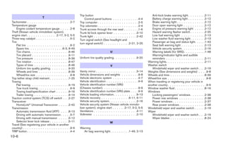 Trip button                                                  Anti-lock brake warning light . . . . . . . .2-11
                           T                                   Control panel buttons . . . . . . . . . . . .4-4         Battery charge warning light . . . . . . . .2-12
Tachometer . . . . . . . . . . . . . . . . . . . .2-7      Trip computer . . . . . . . . . . . . . . . . . . .2-5       Brake warning light . . . . . . . . . . . . .2-12
Temperature gauge                                          Trip odometer . . . . . . . . . . . . . . . . . . .2-4       Door open warning light . . . . . . . . . .2-12
    Engine coolant temperature gauge . . . . .2-8          Trunk access through the rear seat . . . . . . .1-6          Engine oil pressure warning light . . . . .2-12
Theft (Nissan vehicle immobilizer system),                 Trunk lid lock opener lever . . . . . . . . . . .3-10        Hazard warning flasher switch . . . . . . .2-25
engine start . . . . . . . . . . . . . .2-17, 3-2, 5-5     Trunk light . . . . . . . . . . . . . . . . . . . .2-42      Low fuel warning light . . . . . . . . . . .2-13
Three-way catalyst . . . . . . . . . . . . . . . .5-2      Turn signal switch (See headlight and                        Low washer fluid warning light . . . . . . .2-13
Tire                                                                                                                    Passenger air bag and status light. . . . .1-43
                                                           turn signal switch) . . . . . . . . . . . .2-21, 2-25
    Flat tire . . . . . . . . . . . . . . . . . . . .6-2                                                                Seat belt warning light . . . . . . . . . . .2-13
    Spare tire. . . . . . . . . . . . . . . .6-3, 8-49                                                                  Vehicle security system. . . . . . . . . . .2-16
    Tire chains . . . . . . . . . . . . . . . . . .8-46                              U                                  Warning labels (for SRS). . . . . . . . . .1-48
    Tire placard . . . . . . . . . . . . . . . . .9-11                                                                  Warning/indicator lights and audible
    Tire pressure . . . . . . . . . . . . . . . .8-39      Uniform tire quality grading. . . . . . . . . . .9-20        reminders . . . . . . . . . . . . . . . . . .2-11
    Tire rotation . . . . . . . . . . . . . . . . .8-47                                                              Warning lights. . . . . . . . . . . . . . . . . .2-11
    Types of tires . . . . . . . . . . . . . . . .8-46                               V                               Washer switch
    Uniform tire quality grading. . . . . . . . .9-20                                                                   Windshield wiper and washer switch . . .2-19
    Wheels and tires . . . . . . . . . . . . . .8-39       Vanity mirror . . . . . . . . . . . . . . . . . . .3-14   Weights (See dimensions and weights) . . . .9-8
    Wheel/tire size . . . . . . . . . . . . . . . .9-8     Vehicle dimensions and weights . . . . . . . .9-8         Wheels and tires . . . . . . . . . . . . . . . .8-39
Top tether strap child restraint . . . . . . . . .1-25     Vehicle electronic system . . . . . . . . . . . .4-7      Wheel/tire size . . . . . . . . . . . . . . . . . .9-8
Towing                                                     Vehicle identification . . . . . . . . . . . . . . .9-9   When traveling or registering your vehicle in
    Flat towing. . . . . . . . . . . . . . . . . .9-19     Vehicle identification number (VIN)                       another country . . . . . . . . . . . . . . . . . .9-9
    Tow truck towing . . . . . . . . . . . . . . .6-9      (Chassis number). . . . . . . . . . . . . . . . .9-9      Window washer fluid . . . . . . . . . . . . . .8-16
    Towing load/specification chart . . . . . .9-16        Vehicle identification number (VIN) plate . . . .9-9      Windows
    Trailer towing . . . . . . . . . . . . . . . .9-14     Vehicle loading information. . . . . . . . . . .9-13         Locking passengers’ windows . . . . . . .2-38
Traction control system (TCS) off switch . . .2-27         Vehicle recovery . . . . . . . . . . . . .6-11, 6-11         Power rear windows . . . . . . . . . . . .2-38
Transceiver                                                Vehicle security system. . . . . . . . . . . . .2-16         Power windows . . . . . . . . . . . . . . .2-37
    HomeLinkா Universal Transceiver . . . . .2-42          Vehicle security system (Nissan vehicle immobi-              Rear power windows . . . . . . . . . . . .2-38
Transmission                                               lizer system), engine start . . . . . .2-17, 3-2, 5-5     Windshield wiper and washer switch . . . . .2-19
    Automatic transmission fluid (ATF) . . . .8-13         Ventilators . . . . . . . . . . . . . . . . . . . .4-11   Wiper
    Driving with automatic transmission. . . . .5-7        Voltmeter . . . . . . . . . . . . . . . . . . . .2-10        Windshield wiper and washer switch . . .2-19
    Driving with manual transmission . . . . .5-12                                                                      Wiper blades . . . . . . . . . . . . . . . .8-24
    Selector lever lock release . . . . . . . . .5-11                                W
Travel (See registering your vehicle in another
country) . . . . . . . . . . . . . . . . . . . . . .9-9    Warning
TRIP button . . . . . . . . . . . . . . . . . . . .4-4       Air bag warning light. . . . . . . . .1-49, 2-13
10-6




                                                                                            ੬ REVIEW COPY—2005 Altima (l30)
                                                                                            Owners Manual—USA_English (nna)
                                                                                            01/04/05—arosenma ੭
 