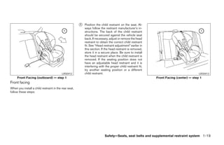 ᭺
                                                       1   Position the child restraint on the seat. Al-
                                                           ways follow the restraint manufacturer’s in-
                                                           structions. The back of the child restraint
                                                           should be secured against the vehicle seat
                                                           back. If necessary, adjust or remove the head
                                                           restraint to obtain the correct child restraint
                                                           fit. See “Head restraint adjustment” earlier in
                                                           this section. If the head restraint is removed,
                                                           store it in a secure place. Be sure to install
                                                           the head restraint when the child restraint is
                                                           removed. If the seating position does not
                                                           have an adjustable head restraint and it is
                                                           interfering with the proper child restraint fit,
                                                           try another seating position or a different
                                          LRS0412          child restraint.                                                               LRS0413
     Front Facing (outboard) — step 1                                                                         Front Facing (center) — step 1
Front facing
When you install a child restraint in the rear seat,
follow these steps:




                                                                           Safety—Seats, seat belts and supplemental restraint system 1-19




                                                                                     ੬ REVIEW COPY—2005 Altima (l30)
                                                                                     Owners Manual—USA_English (nna)
                                                                                     01/04/05—arosenma ੭
 