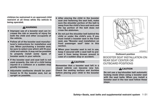 children be restrained in an approved child   ● After placing the child in the booster
restraint at all times while the vehicle is     seat and fastening the seat belt, make
being operated.                                 sure the shoulder portion of the belt is
                                                away from the child’s face and neck and
                 WARNING                        the lap portion of the belt does not
● Improper use of a booster seat can in-        cross the abdomen.
  crease the risk or severity of injury for   ● Do not put the shoulder belt behind the
  both the child and other occupants of         child or under the child’s arm. If you
  the vehicle.                                  must install a booster seat in the front
● Follow all of the booster seat manufac-       seat, see “Booster seat installation on
  turer’s instructions for installation and     front passenger seat” later in this
  use. When purchasing a booster seat,          section.
  be sure to select one which will fit your   ● When your booster seat is not in use,
  child and vehicle. It may not be possible     keep it secured with a seat belt to pre-                                     LRS0452
  to properly install some types of             vent it from being thrown around in                   Outboard position
  booster seats in your vehicle.                case of a sudden stop or accident.         BOOSTER SEAT INSTALLATION ON
● If the booster seat and seat belt is not                                                 REAR SEAT CENTER OR
  used properly, the risk of a child being                     CAUTION
  injured in a collision or a sudden stop                                                  OUTBOARD POSITIONS
                                              Remember that a booster seat left in a
  greatly increases.                          closed vehicle can become very hot.                           CAUTION
● Adjustable seatbacks should be posi-        Check the seating surface and buckles
  tioned to fit the booster seat, but as      before placing your child in the booster     Do not use a lap/shoulder belt automatic
  upright as possible.                        seat.                                        locking mode when using a booster seat
                                                                                           with the seat belts. When you install a
                                                                                           booster seat in the rear seat follow these
                                                                                           steps:




                                                               Safety—Seats, seat belts and supplemental restraint system 1-31




                                                                       ੬ REVIEW COPY—2005 Altima (l30)
                                                                       Owners Manual—USA_English (nna)
                                                                       01/04/05—arosenma ੭
 