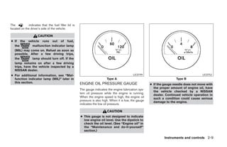 The          indicates that the fuel filler lid is
located on the driver’s side of the vehicle.

                     CAUTION
● If the vehicle runs out of fuel,
  the         malfunction indicator lamp
  (MIL) may come on. Refuel as soon as
  possible. After a few driving trips,
  the         lamp should turn off. If the
  lamp remains on after a few driving
  trips, have the vehicle inspected by a
  NISSAN dealer.
● For additional information, see “Mal-                                                     LIC0749                                      LIC0752
  function indicator lamp (MIL)” later in                                Type A                                         Type B
  this section.                                      ENGINE OIL PRESSURE GAUGE                          ● If the gauge needle does not move with
                                                                                                          the proper amount of engine oil, have
                                                     The gauge indicates the engine lubrication sys-
                                                                                                          the vehicle checked by a NISSAN
                                                     tem oil pressure while the engine is running.
                                                                                                          dealer. Continued vehicle operation in
                                                     When the engine speed is high, the engine oil        such a condition could cause serious
                                                     pressure is also high. When it is low, the gauge     damage to the engine.
                                                     indicates the low oil pressure.

                                                                         CAUTION
                                                     ● This gauge is not designed to indicate
                                                       low engine oil level. Use the dipstick to
                                                       check the oil level. (See “Engine oil” in
                                                       the “Maintenance and do-it-yourself”
                                                       section.)

                                                                                                                 Instruments and controls 2-9




                                                                                  ੬ REVIEW COPY—2005 Altima (l30)
                                                                                  Owners Manual—USA_English (nna)
                                                                                  01/04/05—arosenma ੭
 