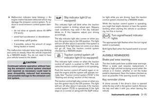 ● Malfunction indicator lamp blinking — An                   Slip indicator light (if so                 tor light while you are driving, have the traction
   engine misfire has been detected which may                 equipped)                                   control system checked by a NISSAN dealer.
   damage the emission control system. To re-
   duce or avoid emission control system dam-      This indicator light will blink when the traction      While the traction control system is operating,
   age:                                            control system is limiting wheel spin. Slippery        you might feel slight vibration or hear the system
                                                   road conditions may exist if the slip indicator        working when starting the vehicle or accelerat-
    – do not drive at speeds above 45 MPH                                                                 ing, but this is normal.
      (72 km/h).                                   blinks on. If this happens, adjust your driving
                                                   accordingly.                                                     Turn signal/hazard indicator
    – avoid hard acceleration or deceleration.
                                                   The slip indicator light also comes on when you                  lights
    – avoid steep uphill grades.                   turn the ignition key to the ON position. The light
                                                                                                          The appropriate light flashes when the turn signal
    – if possible, reduce the amount of cargo      will turn off after about 2 seconds if the system is
                                                   operational. If the light does not come on or does     switch is activated.
      being hauled or towed.
                                                   not go off, have the traction control system           Both lights flash when the hazard switch is turned
The malfunction indicator lamp may stop blinking   checked by a NISSAN dealer.                            on.
and come on steady. Have the vehicle inspected
by a NISSAN dealer. You do not need to have                   Traction control system off                 AUDIBLE REMINDERS
your vehicle towed to the dealer.                             indicator light (if so equipped)
                                                                                                          Brake pad wear warning
                    CAUTION                        This indicator light comes on when the traction
                                                   control off switch is pushed to OFF. This indi-        The disc brake pads have audible wear warnings.
Continued vehicle operation without hav-           cates the traction control system is not operating.    When a brake pad requires replacement, it
ing the emission control system checked                                                                   makes a high pitched scraping sound when the
and repaired as necessary could lead to            Push the traction control off switch again or re-      vehicle is in motion, whether or not the brake
poor driveability, reduced fuel economy,           start the engine and the system will operate nor-      pedal is depressed. Have the brakes checked as
and possible damage to the emission con-           mally. See “Traction control system (TCS)” in the      soon as possible if the warning sound is heard.
trol system.                                       “Starting and driving” section of this manual.
                                                                                                          Key reminder chime
                                                   The traction control light also comes on when you
                                                   turn the ignition key to the ON position. The light    A chime sounds if the driver’s door is opened
                                                   will turn off after about 2 seconds if the traction    while the key is left in the ignition switch. Remove
                                                   control system (TCS) is operational. If the light      the key and take it with you when leaving the
                                                   stays on or comes on along with the SLIP indica-       vehicle.
                                                                                                                    Instruments and controls 2-15




                                                                                  ੬ REVIEW COPY—2005 Altima (l30)
                                                                                  Owners Manual—USA_English (nna)
                                                                                  01/04/05—arosenma ੭
 