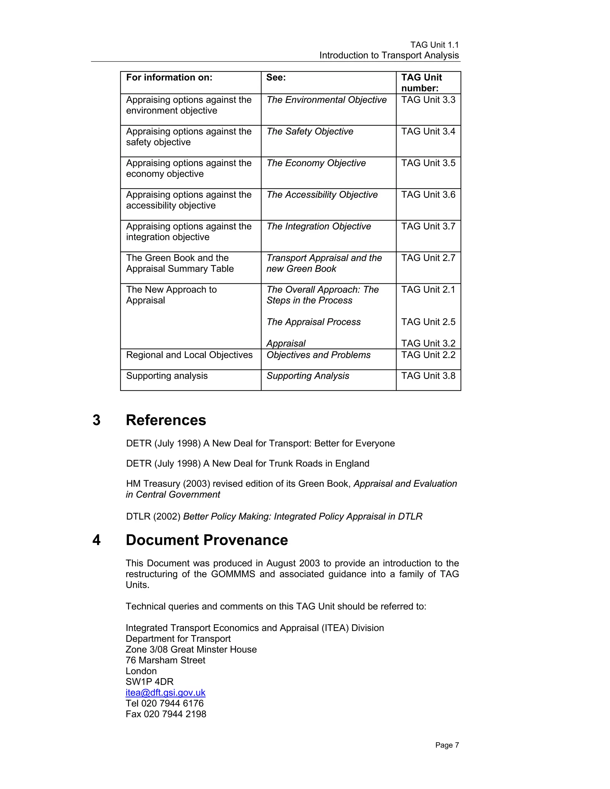 TAG Unit 1.1
Introduction to Transport Analysis
For information on: See: TAG Unit
number:
Appraising options against the
environment objective
The Environmental Objective TAG Unit 3.3
Appraising options against the
safety objective
The Safety Objective TAG Unit 3.4
Appraising options against the
economy objective
The Economy Objective TAG Unit 3.5
Appraising options against the
accessibility objective
The Accessibility Objective TAG Unit 3.6
Appraising options against the
integration objective
The Integration Objective TAG Unit 3.7
The Green Book and the
Appraisal Summary Table
Transport Appraisal and the
new Green Book
TAG Unit 2.7
The New Approach to
Appraisal
The Overall Approach: The
Steps in the Process
The Appraisal Process
Appraisal
TAG Unit 2.1
TAG Unit 2.5
TAG Unit 3.2
Regional and Local Objectives Objectives and Problems TAG Unit 2.2
Supporting analysis Supporting Analysis TAG Unit 3.8
3 References
DETR (July 1998) A New Deal for Transport: Better for Everyone
DETR (July 1998) A New Deal for Trunk Roads in England
HM Treasury (2003) revised edition of its Green Book, Appraisal and Evaluation
in Central Government
DTLR (2002) Better Policy Making: Integrated Policy Appraisal in DTLR
4 Document Provenance
This Document was produced in August 2003 to provide an introduction to the
restructuring of the GOMMMS and associated guidance into a family of TAG
Units.
Technical queries and comments on this TAG Unit should be referred to:
Integrated Transport Economics and Appraisal (ITEA) Division

Department for Transport

Zone 3/08 Great Minster House

76 Marsham Street

London 

SW1P 4DR 

itea@dft.gsi.gov.uk
Tel 020 7944 6176 

Fax 020 7944 2198

Page 7
 