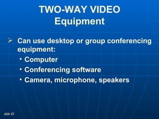 Can use desktop or group conferencing equipment: Computer Conferencing software Camera, microphone, speakers TWO-WAY VIDEO Equipment 
