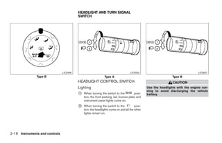 HEADLIGHT AND TURN SIGNAL
                                          SWITCH




                                LIC0488                                              LIC0560                                     LIC0687
               Type B                                          Type A                                            Type B
                                          HEADLIGHT CONTROL SWITCH                                               CAUTION
                                          Lighting                                               Use the headlights with the engine run-
                                                                                                 ning to avoid discharging the vehicle
                                          ᭺
                                          1   When turning the switch to the             posi-   battery.
                                              tion, the front parking, tail, license plate and
                                              instrument panel lights come on.
                                          ᭺
                                          2   When turning the switch to the           posi-
                                              tion, the headlights come on and all the other
                                              lights remain on.




2-18 Instruments and controls




                                                                        ੬ REVIEW COPY—2005 Quest (van)
                                                                        Owners Manual—USA_English (nna)
                                                                        07/21/04—debbie ੭
 