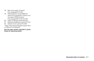 18.   Rear sonar system off switch
      (if so equipped) (P. 2-25)
19.   Vehicle dynamic control (VDC) off
      switch (if so equipped) or Traction con-
      trol system (TCS) off switch
      (if so equipped) (P. 2-24, P. 2-24)
20.   Lights on demand switch (P.2-43 )
21.   Instrument brightness control (P. 2-21)
22.   Outside mirror controls (P. 3-23)
*: Refer to the separate Navigation System Own-
er’s Manual (if so equipped).
See the page number indicated in paren-
theses for operating details.




                                                                     Illustrated table of contents 0-7




                                                  ੬ REVIEW COPY—2005 Quest (van)
                                                  Owners Manual—USA_English (nna)
                                                  07/20/04—debbie ੭
 