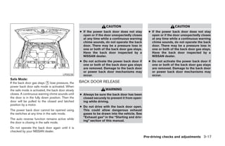 CAUTION                                        CAUTION
                                                   ● If the power back door does not stay         ● If the power back door does not stay
                                                     open or if the door unexpectedly closes        open or if the door unexpectedly closes
                                                     at any time while a continuous warning         at any time while a continuous warning
                                                     chime sounds, do not operate the back          chime sounds, do not operate the back
                                                     door. There may be a pressure loss in          door. There may be a pressure loss in
                                                     one or both of the back door gas stays.        one or both of the back door gas stays.
                                                     Have the back door inspected by a              Have the back door inspected by a
                                                     NISSAN dealer.                                 NISSAN dealer.
                                                   ● Do not activate the power back door if       ● Do not activate the power back door if
                                                     one or both of the back door gas stays         one or both of the back door gas stays
                                                     are removed. Damage to the back door           are removed. Damage to the back door
                                                     or power back door mechanisms may              or power back door mechanisms may
                                       LPD0238       occur.                                         occur.
Safe Mode:
If the back door gas stays ᭺ lose pressure, the
                            1                      BACK DOOR RELEASE
power back door safe mode is activated. When
the safe mode is activated, the back door slowly                    WARNING
closes. A continuous warning chime sounds until    ● Always be sure the back door has been
the door is in the fully down position. Then the     closed securely to prevent it from open-
door will be pulled to the closed and latched        ing while driving.
position by a motor.
                                                   ● Do not drive with the back door open.
The power back door cannot be opened using           This could allow dangerous exhaust
the switches at any time in the safe mode.           gases to be drawn into the vehicle. See
                                                     “Exhaust gas” in the “Starting and driv-
The auto reverse function remains active while
                                                     ing” section of this manual.
the door is closing in the safe mode.
Do not operate the back door again until it is
checked by your NISSAN dealer.
                                                                                                Pre-driving checks and adjustments 3-17




                                                                            ੬ REVIEW COPY—2005 Quest (van)
                                                                            Owners Manual—USA_English (nna)
                                                                            07/21/04—debbie ੭
 