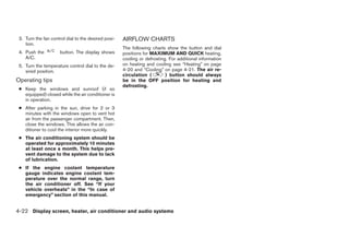 3. Turn the fan control dial to the desired posi-   AIRFLOW CHARTS
    tion.
                                                     The following charts show the button and dial
 4. Push the          button. The display shows      positions for MAXIMUM AND QUICK heating,
    A/C.                                             cooling or defrosting. For additional information
 5. Turn the temperature control dial to the de-     on heating and cooling see “Heating” on page
    sired position.                                  4-20 and “Cooling” on page 4-21. The air re-
                                                     circulation (        ) button should always
Operating tips                                       be in the OFF position for heating and
                                                     defrosting.
 ● Keep the windows and sunroof (if so
   equipped) closed while the air conditioner is
   in operation.
 ● After parking in the sun, drive for 2 or 3
   minutes with the windows open to vent hot
   air from the passenger compartment. Then,
   close the windows. This allows the air con-
   ditioner to cool the interior more quickly.
 ● The air conditioning system should be
   operated for approximately 10 minutes
   at least once a month. This helps pre-
   vent damage to the system due to lack
   of lubrication.
 ● If the engine coolant temperature
   gauge indicates engine coolant tem-
   perature over the normal range, turn
   the air conditioner off. See “If your
   vehicle overheats” in the “In case of
   emergency” section of this manual.


4-22 Display screen, heater, air conditioner and audio systems




                                                                                  ੬ REVIEW COPY—2005 Quest (van)
                                                                                  Owners Manual—USA_English (nna)
                                                                                  07/21/04—debbie ੭
 