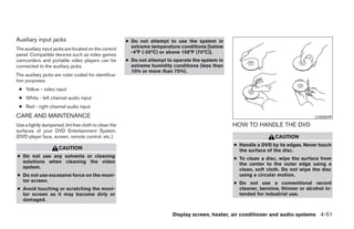 Auxiliary input jacks                                  ● Do not attempt to use the system in
The auxiliary input jacks are located on the control     extreme temperature conditions [below
                                                         -4°F (-20°C) or above 158°F (70°C)].
panel. Compatible devices such as video games
camcorders and portable video players can be           ● Do not attempt to operate the system in
connected to the auxiliary jacks.                        extreme humidity conditions (less than
                                                         10% or more than 75%).
The auxiliary jacks are color coded for identifica-
tion purposes.
 ● Yellow - video input
 ● White - left channel audio input
 ● Red - right channel audio input
CARE AND MAINTENANCE                                                                                                                 LHA0049

Use a lightly dampened, lint free cloth to clean the                                               HOW TO HANDLE THE DVD
surfaces of your DVD Entertainment System.
(DVD player face, screen, remote control, etc.)                                                                     CAUTION
                                                                                                   ● Handle a DVD by its edges. Never touch
                      CAUTION                                                                        the surface of the disc.
● Do not use any solvents or cleaning                                                              ● To clean a disc, wipe the surface from
  solutions when cleaning the video                                                                  the center to the outer edge using a
  system.                                                                                            clean, soft cloth. Do not wipe the disc
● Do not use excessive force on the moni-                                                            using a circular motion.
  tor screen.                                                                                      ● Do not use a conventional record
● Avoid touching or scratching the moni-                                                             cleaner, benzine, thinner or alcohol in-
  tor screen as it may become dirty or                                                               tended for industrial use.
  damaged.


                                                                          Display screen, heater, air conditioner and audio systems 4-51




                                                                               ੬ REVIEW COPY—2005 Quest (van)
                                                                               Owners Manual—USA_English (nna)
                                                                               07/21/04—debbie ੭
 