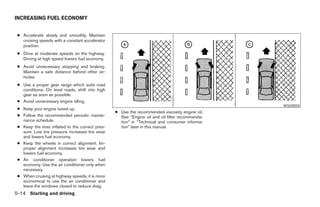 INCREASING FUEL ECONOMY


 ● Accelerate slowly and smoothly. Maintain
   cruising speeds with a constant accelerator
   position.
 ● Drive at moderate speeds on the highway.
   Driving at high speed lowers fuel economy.
 ● Avoid unnecessary stopping and braking.
   Maintain a safe distance behind other ve-
   hicles.
 ● Use a proper gear range which suits road
   conditions. On level roads, shift into high
   gear as soon as possible.
 ● Avoid unnecessary engine idling.
                                                                                                             WSD0050
 ● Keep your engine tuned up.
                                                  ● Use the recommended viscosity engine oil.
 ● Follow the recommended periodic mainte-          See “Engine oil and oil filter recommenda-
   nance schedule.                                  tion” in “Technical and consumer informa-
 ● Keep the tires inflated to the correct pres-     tion” later in this manual.
   sure. Low tire pressure increases tire wear
   and lowers fuel economy.
 ● Keep the wheels in correct alignment. Im-
   proper alignment increases tire wear and
   lowers fuel economy.
 ● Air conditioner operation lowers fuel
   economy. Use the air conditioner only when
   necessary.
 ● When cruising at highway speeds, it is more
   economical to use the air conditioner and
   leave the windows closed to reduce drag.
5-14 Starting and driving




                                                                           ੬ REVIEW COPY—2005 Quest (van)
                                                                           Owners Manual—USA_English (nna)
                                                                           07/21/04—debbie ੭
 