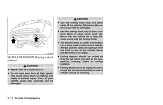 CAUTION
                                              ● Use the towing hook only, not other
                                                parts of the vehicle. Otherwise, the ve-
                                                hicle body will be damaged.
                                              ● Use the towing hook only to free a ve-
                                                hicle stuck in sand, snow, mud, etc.
                                                Never tow the vehicle for a long dis-
                                                tance using only the towing hook.
                                              ● The towing hook is under tremendous
                                                force when used to free a stuck vehicle.
                                                Always pull the cable straight out from
                                                the front or rear of the vehicle. Never
                                    LCE0080     pull the hook at an angle.

VEHICLE RECOVERY (freeing a stuck             ● Pulling devices should be routed so
                                                they do not touch any part of the sus-
vehicle)                                        pension, steering, brake or cooling
                                                systems.
                 WARNING
                                              ● Pulling devices such as ropes or canvas
● Stand clear of a stuck vehicle.               straps are not recommended for use in
● Do not spin your tires at high speed.         vehicle towing or recovery.
  This could cause them to explode and
  result in serious injury. Parts of your
  vehicle could also overheat and be
  damaged.




6-12 In case of emergency




                                                                       ੬ REVIEW COPY—2005 Quest (van)
                                                                       Owners Manual—USA_English (nna)
                                                                       07/21/04—debbie ੭
 