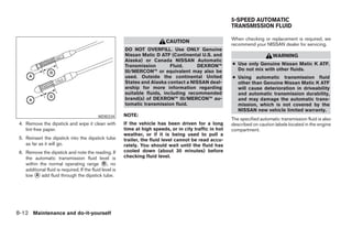 5-SPEED AUTOMATIC
                                                                                                           TRANSMISSION FLUID

                                                                                                           When checking or replacement is required, we
                                                                             CAUTION
                                                                                                           recommend your NISSAN dealer for servicing.
                                                          DO NOT OVERFILL. Use ONLY Genuine
                                                          Nissan Matic D ATF (Continental U.S. and                             WARNING
                                                          Alaska) or Canada NISSAN Automatic
                                                          Transmission        Fluid.     DEXRON™           ● Use only Genuine Nissan Matic K ATF.
                                                          III/MERCON™ or equivalent may also be              Do not mix with other fluids.
                                                          used. Outside the continental United             ● Using automatic transmission fluid
                                                          States and Alaska contact a NISSAN deal-           other than Genuine Nissan Matic K ATF
                                                          ership for more information regarding              will cause deterioration in driveability
                                                          suitable fluids, including recommended             and automatic transmission durability,
                                                          brand(s) of DEXRON™ III/MERCON™ au-                and may damage the automatic trans-
                                                          tomatic transmission fluid.                        mission, which is not covered by the
                                                                                                             NISSAN new vehicle limited warranty.
                                             WDI0334      NOTE:
                                                                                                           The specified automatic transmission fluid is also
 4. Remove the dipstick and wipe it clean with            If the vehicle has been driven for a long        described on caution labels located in the engine
    lint-free paper.                                      time at high speeds, or in city traffic in hot   compartment.
                                                          weather, or if it is being used to pull a
 5. Reinsert the dipstick into the dipstick tube          trailer, the fluid level cannot be read accu-
    as far as it will go.                                 rately. You should wait until the fluid has
 6. Remove the dipstick and note the reading. If          cooled down (about 30 minutes) before
    the automatic transmission fluid level is             checking fluid level.
    within the normal operating range ᭺, no     B
    additional fluid is required. If the fluid level is
    low ᭺ add fluid through the dipstick tube.
         A




8-12 Maintenance and do-it-yourself




                                                                                     ੬ REVIEW COPY—2005 Quest (van)
                                                                                     Owners Manual—USA_English (nna)
                                                                                     07/21/04—debbie ੭
 