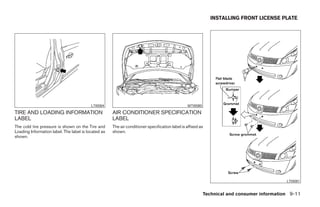 INSTALLING FRONT LICENSE PLATE




                                          LTI0084                                               WTI0080
TIRE AND LOADING INFORMATION                         AIR CONDITIONER SPECIFICATION
LABEL                                                LABEL
The cold tire pressure is shown on the Tire and      The air conditioner specification label is affixed as
Loading Information label. The label is located as   shown.
shown.




                                                                                                                                           LTI0081


                                                                                                          Technical and consumer information 9-11




                                                                                    ੬ REVIEW COPY—2005 Quest (van)
                                                                                    Owners Manual—USA_English (nna)
                                                                                    07/22/04—marlene ੭
 