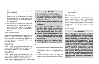● Choose the proper class hitch ball based on                                                                dance with the trailer and tire manufacturer’s
                                                                         CAUTION
   the trailer weight.                                                                                        specifications.
                                                    ● Do not use axle-mounted hitches.
 ● The diameter of the threaded shank of the                                                              Safety chains
   hitch ball must be matched to the ball mount     ● The hitch should not be attached to or
   hole diameter. The hitch ball shank should         affect the operation of the impact-                 Always use suitable safety chains between your
   be no more than 1/16” smaller than the hole        absorbing bumper.                                   vehicle and the trailer. The safety chains should
   in the ball mount.                               ● Do not modify the vehicle exhaust sys-              be crossed and should be attached to the hitch,
                                                      tem, brake system, etc. to install a                not to the vehicle bumper or axle. Be sure to leave
 ● The threaded shank of the hitch ball must be                                                           enough slack in the chains to permit turning
                                                      trailer hitch.
   long enough to be properly secured to the                                                              corners.
   ball mount. There should be at least 2           ● To reduce the possibility of additional
   threads showing beyond the lock washer             damage if your vehicle is struck from               Trailer lights
   and nut.                                           the rear, where practical, remove the
                                                      hitch and/or receiver when not in use.                                   CAUTION
Sway control device                                 ● After the hitch is removed, seal the bolt           When splicing into the vehicle electrical
Sway control devices are used to help control the     holes to prevent exhaust fumes, water               system, a commercially available power-
effects of sudden maneuvers, wind gusts, and          or dust from entering the passenger                 type module/converter must be used to
buffeting caused by other vehicles. Make sure the     compartment.                                        provide power for all trailer lighting. This
sway control device is compatible with the trail-   ● Regularly check that all trailer hitch              unit uses the vehicle battery as a direct
er’s brake system.                                    mounting bolts are securely mounted.                power source for all trailer lights while
                                                                                                          using the vehicle tail light, stoplight and
Class I hitch                                                                                             turn signal circuits as a signal source. The
                                                    Tire pressures
Class I trailer hitch equipment (receiver, ball                                                           module/converter must draw no more
mount and hitch ball) can be used to tow trailers    ● When towing a trailer, inflate the vehicle tires   that 15 milliamps from the stop and tail
of a maximum weight of 2,000 lb (909 kg).              to the recommended cold tire pressure indi-        lamp circuits. Using a module/converter
                                                       cated on the Tire and Loading Information          that exceeds these power requirements
Class II hitch                                         label.                                             may damage the vehicle’s electrical sys-
Class II trailer hitch equipment (receiver, ball                                                          tem. See a reputable trailer dealer to ob-
                                                     ● Trailer tire condition, size, load rating and      tain the proper equipment and to have it
mount and hitch ball) can be used to tow trailers      proper inflation pressure should be in accor-
of a maximum weight of 3,500 lb (1,510 kg).                                                               installed.

9-16 Technical and consumer information




                                                                                  ੬ REVIEW COPY—2005 Quest (van)
                                                                                  Owners Manual—USA_English (nna)
                                                                                  07/22/04—debbie ੭
 