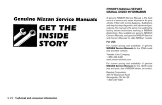 OWNER’S MANUAL/SERVICE
                                                        MANUAL ORDER INFORMATION

                                                        A genuine NISSAN Service Manual is the best
                                                        source of service and repair information for your
                                                        vehicle. Filled with wiring diagrams, illustrations
                                                        and step-by-step diagnostic and adjustment pro-
                                                        cedures, this manual is the same one used by the
                                                        factory trained technicians working at NISSAN
                                                        dealerships. Also available are genuine NISSAN
                                                        Owner’s Manuals, and genuine NISSAN Service
                                                        and Owner’s Manuals for older NISSAN models.
                                                        For USA
                                                        For current pricing and availability of genuine
                                                        NISSAN Service Manuals for the 2000 model
                                                        year and later contact:
                                                        Tweddle Litho Company
                                                        1-800-450-9491
                                                        www.nissan-techinfo.com
                                                        For current pricing and availability of genuine
                                                        NISSAN Service Manuals for the 1999 model
                                                        year and prior, see a NISSAN dealer, or contact:
                                                        Resolve Corporation
                                                        20770 Westwood Road
                                                        Strongsville, OH 44136
                                                        1-800-247-5321




9-22 Technical and consumer information




                                          ੬ REVIEW COPY—2005 Quest (van)
                                          Owners Manual—USA_English (nna)
                                          07/22/04—debbie ੭
 