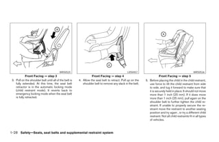 WRS0525                                              LRS0457                                                 WRS0526
             Front Facing — step 3                                 Front Facing — step 4                                 Front Facing — step 5
 3. Pull on the shoulder belt until all of the belt is   4. Allow the seat belt to retract. Pull up on the   5. Before placing the child in the child restraint,
    fully extended. At this time, the seat belt             shoulder belt to remove any slack in the belt.      use force to tilt the child restraint from side
    retractor is in the automatic locking mode                                                                  to side, and tug it forward to make sure that
    (child restraint mode). It reverts back to                                                                  it is securely held in place. It should not move
    emergency locking mode when the seat belt                                                                   more than 1 inch (25 mm). If it does move
    is fully retracted.                                                                                         more than 1 inch (25 mm), pull again on the
                                                                                                                shoulder belt to further tighten the child re-
                                                                                                                straint. If unable to properly secure the re-
                                                                                                                straint move the restraint to another seating
                                                                                                                position and try again , or try a different child
                                                                                                                restraint. Not all child restraints fit in all types
                                                                                                                of vehicles.



1-28 Safety—Seats, seat belts and supplemental restraint system




                                                                                     ੬ REVIEW COPY—2005 Quest (van)
                                                                                     Owners Manual—USA_English (nna)
                                                                                     08/04/04—betty ੭
 