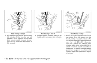 WRS0528                                             WRS0529                                                  WRS0530
             Rear Facing — step 3                                  Rear Facing — step 4                                  Rear Facing — step 5
 3. Pull on the shoulder belt until all of the belt is   4. Allow the seat belt to retract. Pull up on the   5. Before placing the child in the child restraint,
    fully extended. At this time, the seat belt             shoulder belt to remove any slack in the belt.      use force to tilt the child restraint from side
    retractor is in the automatic locking mode                                                                  to side, and tug it forward to make sure that
    (child restraint mode). It reverts to emer-                                                                 it is securely held in place. It should not move
    gency locking mode when the seat belt is                                                                    more than 1 inch (25 mm). If it does move
    fully retracted.                                                                                            more than 1 inch (25 mm), pull again on the
                                                                                                                shoulder belt to further tighten the child re-
                                                                                                                straint. If unable to properly secure the re-
                                                                                                                straint move the restraint to another seating
                                                                                                                position and try again , or try a different child
                                                                                                                restraint. Not all child restraints fit in all types
                                                                                                                of vehicles.



1-30 Safety—Seats, seat belts and supplemental restraint system




                                                                                     ੬ REVIEW COPY—2005 Quest (van)
                                                                                     Owners Manual—USA_English (nna)
                                                                                     08/04/04—marlene ੭
 