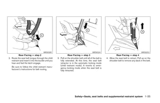 WRS0309                                                 WRS0324                                             WRS0253
           Rear Facing — step 2                                    Rear Facing — step 3                                  Rear Facing — step 4
2. Route the seat belt tongue through the child        3. Pull on the shoulder belt until all of the belt is   4. Allow the seat belt to retract. Pull up on the
   restraint and insert it into the buckle until you      fully extended. At this time, the seat belt             shoulder belt to remove any slack in the belt.
   hear and feel the latch engage.                        retractor is in the automatic locking mode
                                                          (child restraint mode). It reverts to emer-
   Be sure to follow the child restraint manu-
                                                          gency locking mode when the seat belt is
   facturer’s instructions for belt routing.
                                                          fully retracted.




                                                                           Safety—Seats, seat belts and supplemental restraint system 1-35




                                                                                      ੬ REVIEW COPY—2005 Quest (van)
                                                                                      Owners Manual—USA_English (nna)
                                                                                      07/20/04—debbie ੭
 