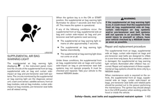 When the ignition key is in the ON or START
                                                                                                                                WARNING
                                                        position, the supplemental air bag warning light
                                                        illuminates for about 7 seconds and then turns      If the supplemental air bag warning light
                                                        off. This means the system is operational.          is on, it could mean that the supplemental
                                                                                                            front air bag, supplemental side air bag,
                                                        If any of the following conditions occur, the       curtain side-impact air bag systems
                                                        supplemental front air bag, supplemental side air   and/or pre-tensioner seat belt systems
                                                        bag and curtain side-impact air bag and pre-        will not operate in an accident. To help
                                                        tensioner seat belt systems need servicing:         avoid injury to yourself or others, have
                                                                                                            your vehicle checked by a NISSAN dealer
                                                         ● The supplemental air bag warning light re-
                                                                                                            as soon as possible.
                                                           mains on after approximately 7 seconds.
                                                         ● The supplemental air bag warning light           Repair and replacement procedure
                                                           flashes intermittently.                          The supplemental front air bags, supplemental
                                           LRS0100                                                          side air bags, curtain side-impact air bags and
                                                         ● The supplemental air bag warning light does
SUPPLEMENTAL AIR BAG                                       not come on at all.                              pre-tensioner seat belts are designed to inflate
WARNING LIGHT                                                                                               on a one-time-only basis. As a reminder, unless it
                                                        Under these conditions, the supplemental front      is damaged, the supplemental air bag warning
The supplemental air bag warning light,                 air bag, supplemental side air bags and curtain     light remains illuminated after inflation has oc-
displaying         in the instrument panel, moni-       side-impact air bag or pre-tensioner seat belt      curred. Repair and replacement of these supple-
tors the circuits of the supplemental front air bag,    systems may not operate properly. It must be        mental air bag systems should be done only by a
supplemental side air bag and curtain side-             checked and repaired. Take your vehicle to the      NISSAN dealer.
impact air bag and pre-tensioner seat belt sys-         nearest NISSAN dealer.
                                                                                                            When maintenance work is required on the ve-
tems. The circuits monitored by the supplemental
                                                                                                            hicle, the supplemental front air bags, supple-
air bag warning light are the diagnosis sensor
                                                                                                            mental side air bags, curtain side-impact air
unit, crash zone sensor, satellite sensors, front air                                                       bags, pre-tensioner seat belts and related parts
bag modules, side air bag modules, curtain side-                                                            should be pointed out to the person performing
impact air bag modules, pre-tensioner seat belts                                                            the maintenance. The ignition key should always
and all related wiring.                                                                                     be in the LOCK position when working under the
                                                                                                            hood or inside the vehicle.
                                                                            Safety—Seats, seat belts and supplemental restraint system 1-63




                                                                                     ੬ REVIEW COPY—2005 Quest (van)
                                                                                     Owners Manual—USA_English (nna)
                                                                                     07/20/04—debbie ੭
 